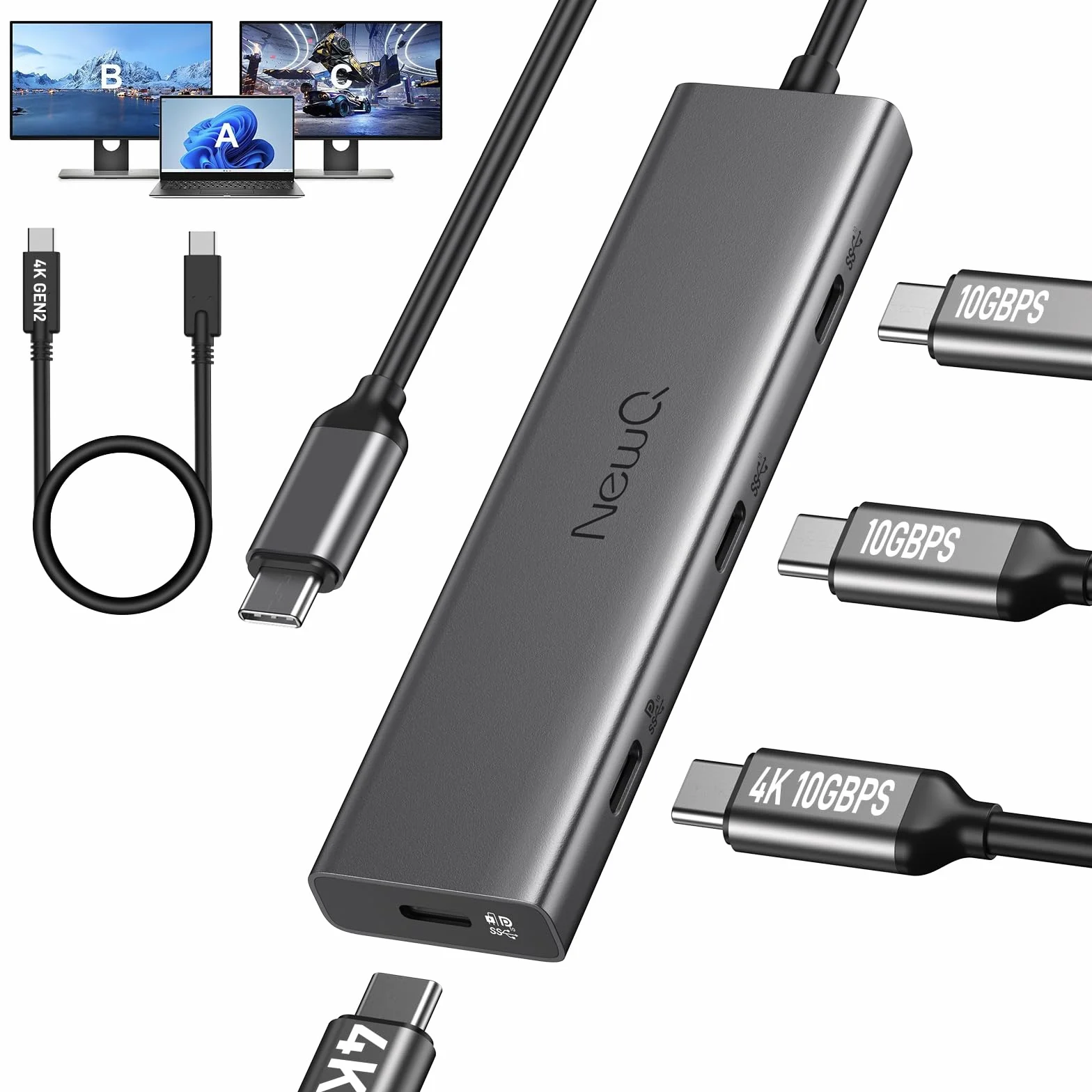 Hub USB C Video Hub NEWQ typ C 3.2 monitor prądu wstecznego, wyświetlacz wideo 4K @ 30-60 Hz, 4 x USB-C 3.2 GEN2 10 Gbit/s, obsługuje PD 100 W max, z kablem wideo