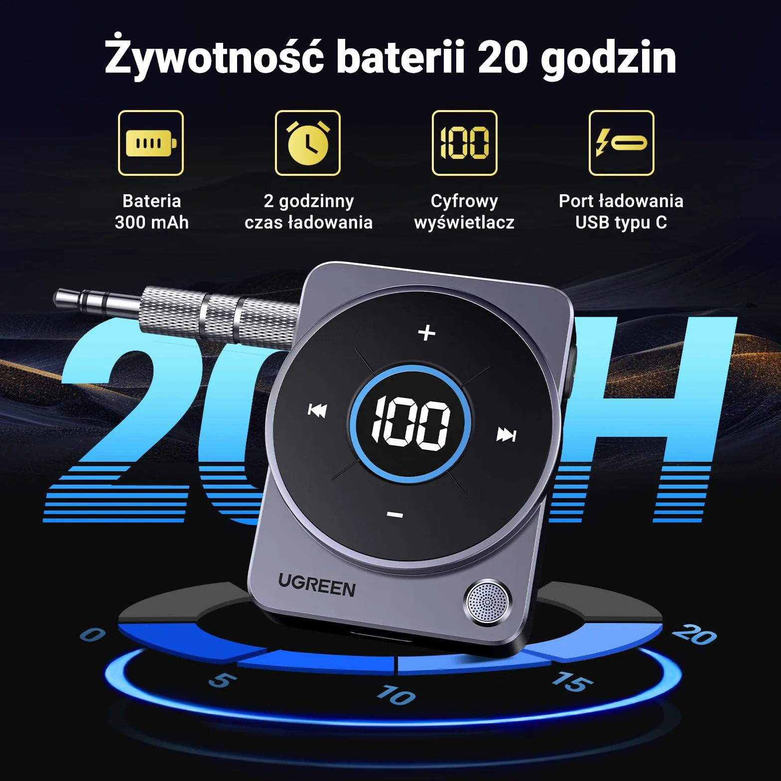 UGREEN Adapter Aux Bluetooth 5.4 do samochodowego adaptera Aux Bluetooth jack 3,5 mm, zestaw głośnomówiący z odbiornikiem Bluetooth 20 godzin odtwarzania dla radia samochodowego/systemu stereo