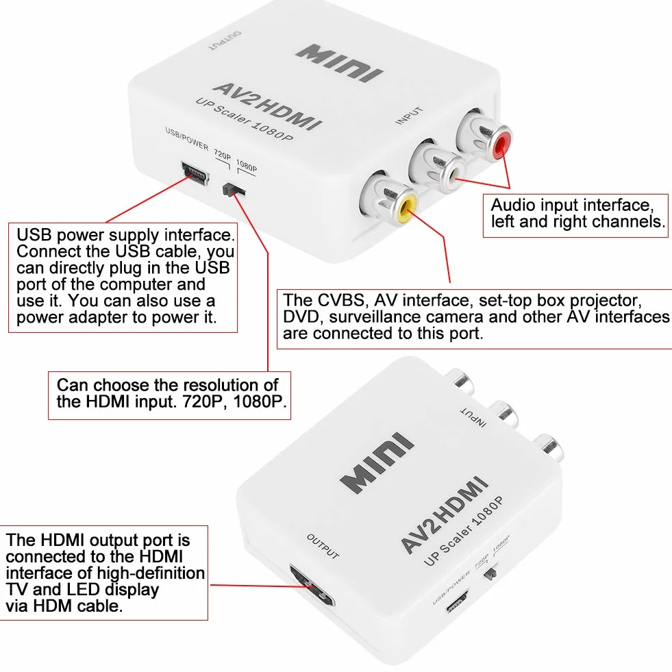 Konwerter AV na HDMI High Definition, do HDMI AV2HDMI Transverter, Wyjście HDMI 1080 P 60 HZ / 720 P 60 HZ, Obsługa PAL, NTSC3.58, NTSC4.43, SECAM, PAL/M, Wejście PAL/N - Biały