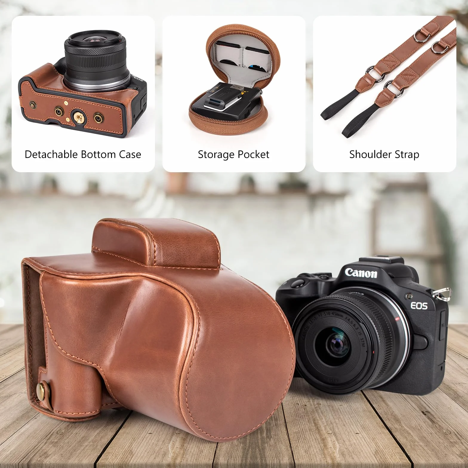 MUZIRI KINOKOO EOS R50 R100 etui, retro etui ochronne ze skóry PU do aparatu Canon EOS R50 R100 - torba na aparat z dolnym otworem i paskiem na ramię i kieszenią do przechowywania