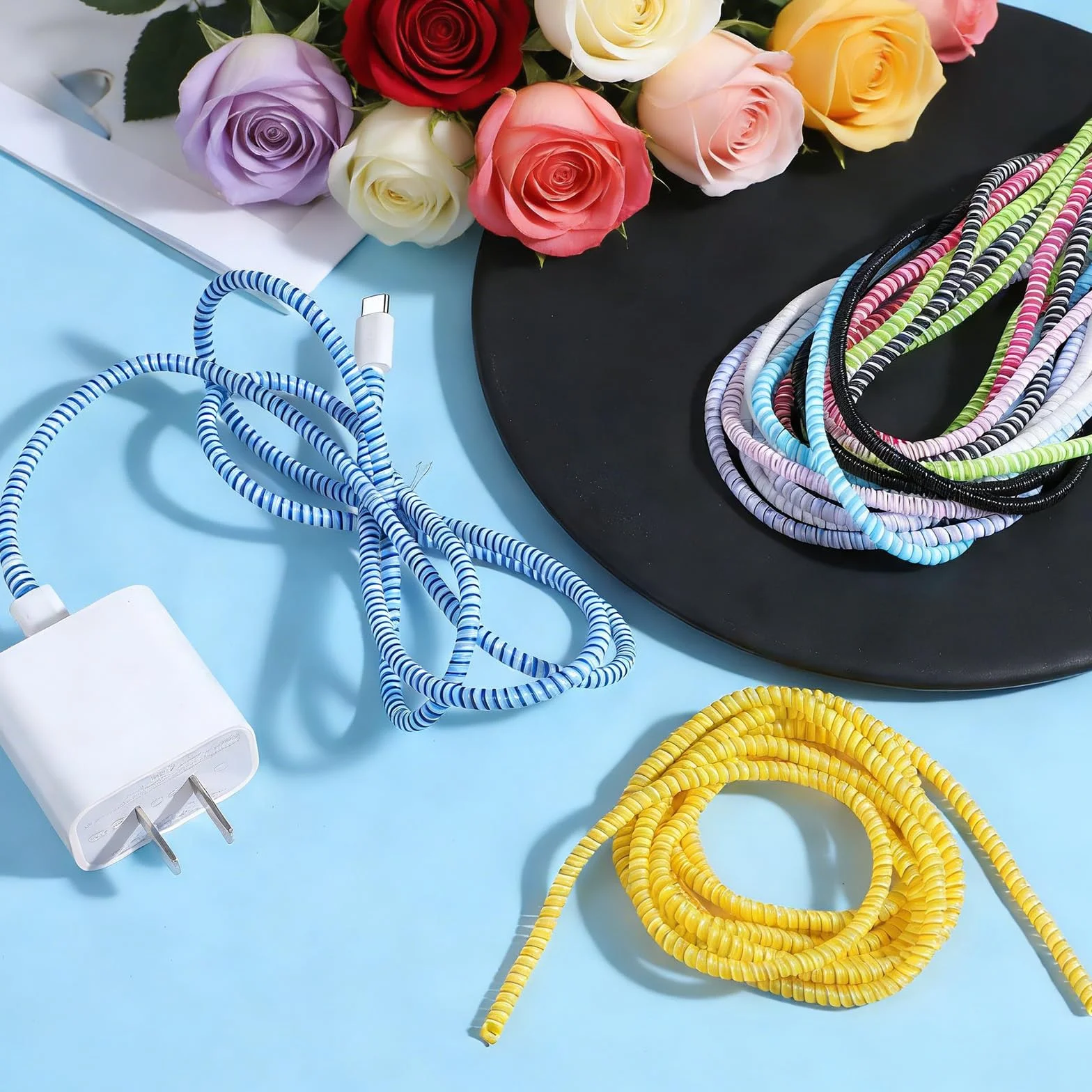 10 szt. spiralny ochraniacz na kabel, wielokolorowy ochraniacz na ładowarkę od zwierząt domowych, bez żucia kabla, ochrona kabli do transmisji danych, ochrona ładowarki do słuchawek