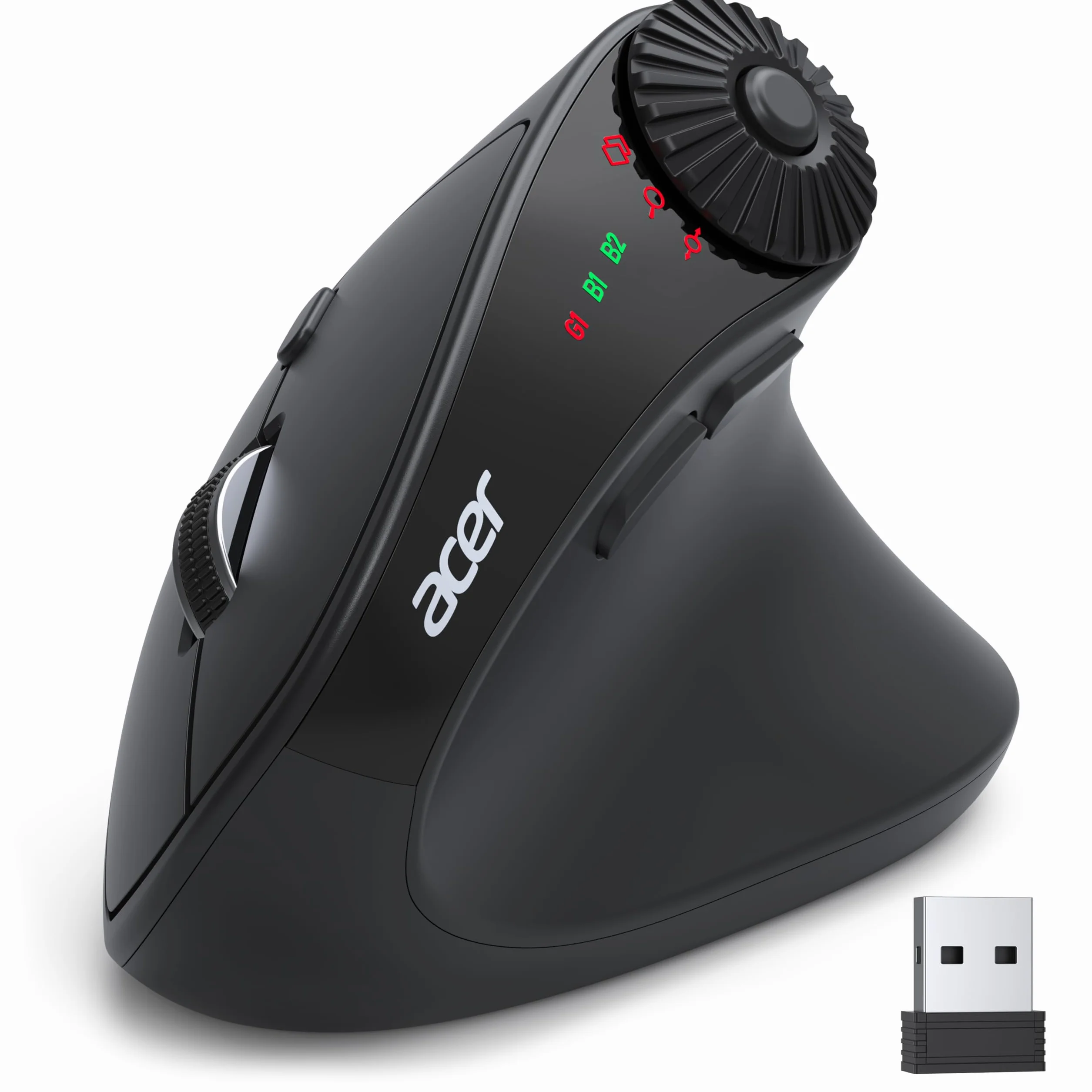Acer Bezprzewodowa mysz ergonomiczna z bocznym kółkiem przewijania, 4000 DPI mysz Bluetooth do laptopa (BT5.2+2.4GHz), pionowa mysz, dla prawej ręki, 8 przycisków, odbiornik USB do PC, komputerów