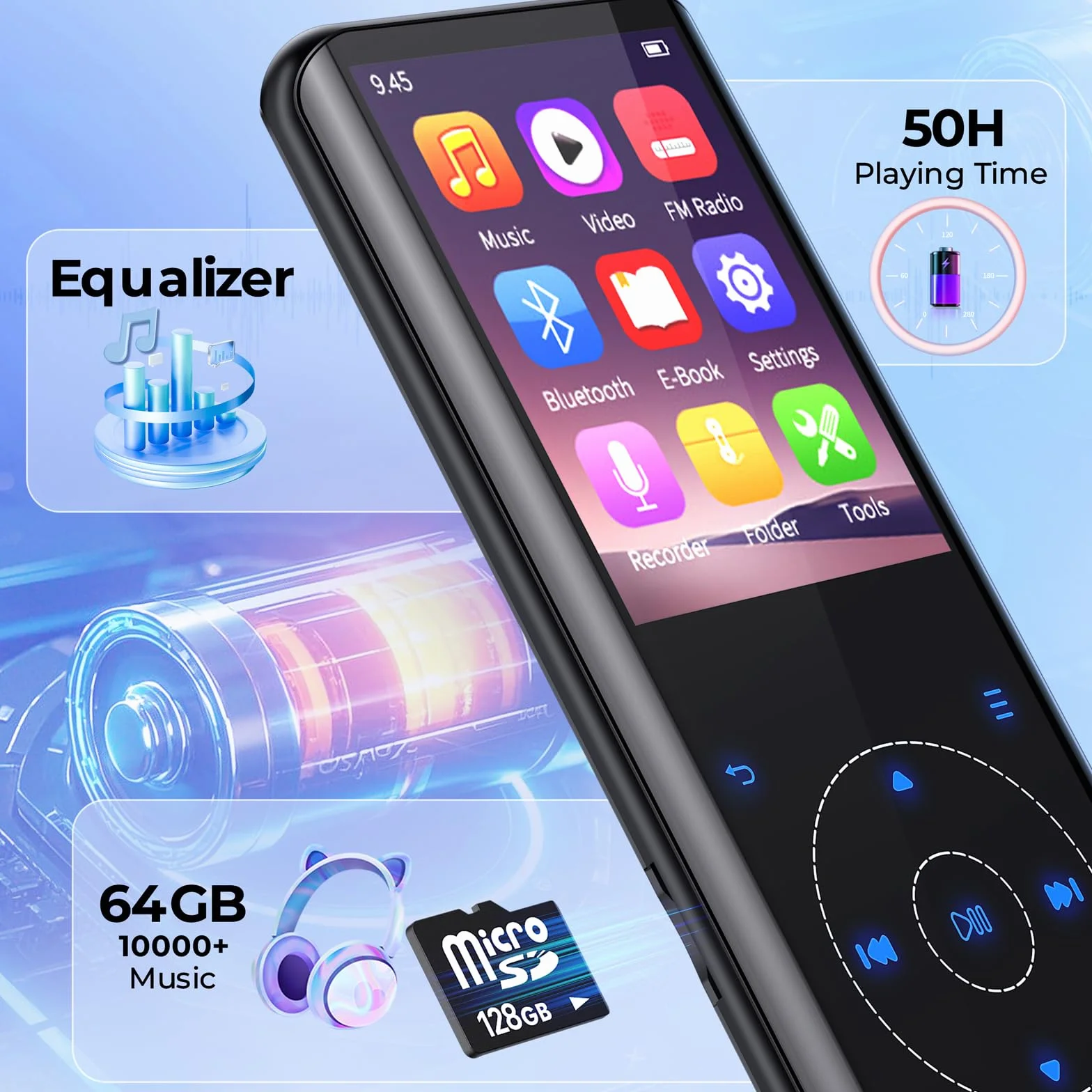 Odtwarzacz MP3 64 GB, Bluetooth 5.3, HiFi dźwięk, metalowa obudowa, wbudowany HD głośnik, przycisk dotykowy, nagrywarka głosu, do sportu i biegania
