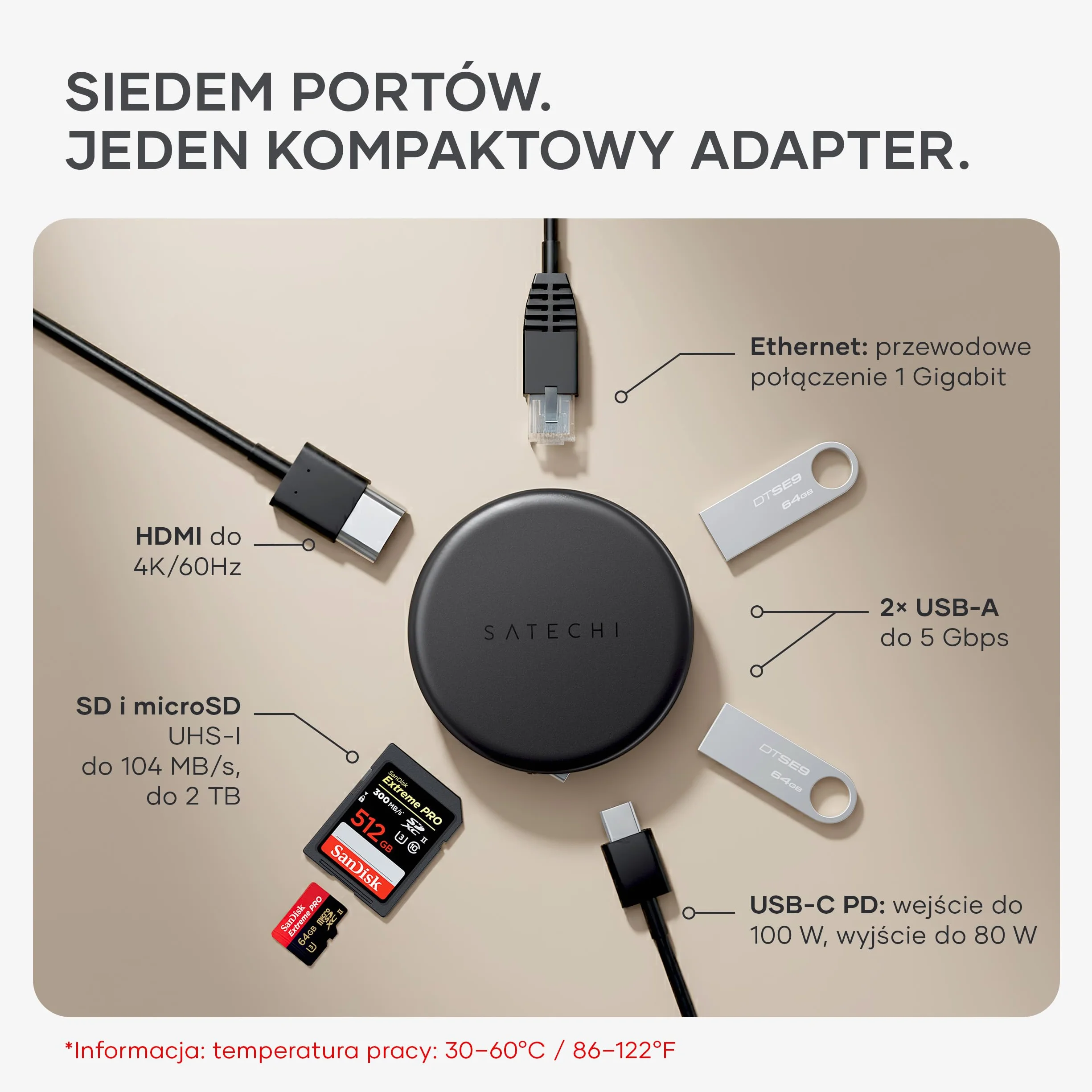 SATECHI OntheGo Hub USB-C 7 w 1, Kompaktowy Magnetyczny Adapter Wieloportowy 100W PD, HDMI 4K/60Hz, Gigabit Ethernet, 2×USB-A, Czytnik SD/microSD, Czarny Kosmiczny