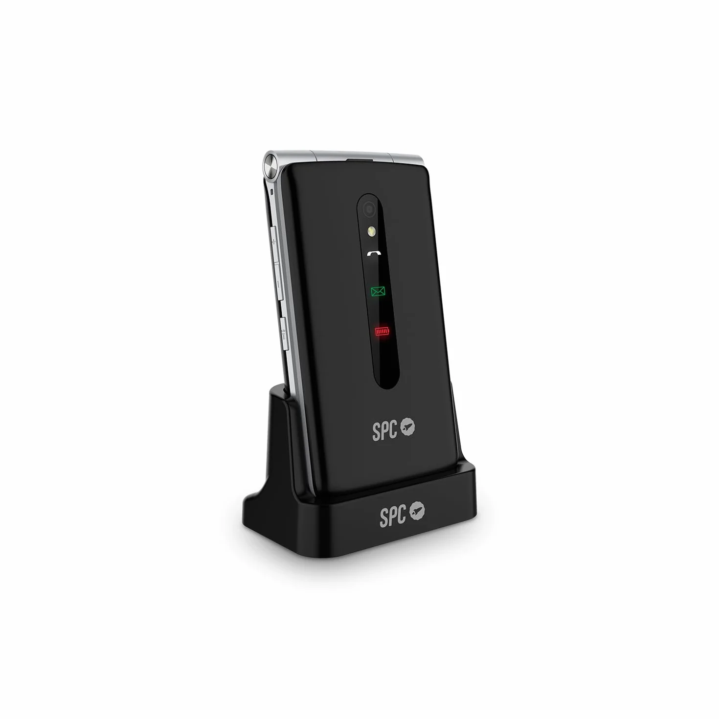 SPC Prince 4G telefon komórkowy dla seniorów z klapką, duże, łatwe w obsłudze przyciski, przycisk SOS i zdalna konfiguracja, stacja ładująca, USB-C i 2 bezpośrednie zapisywanie - czarny