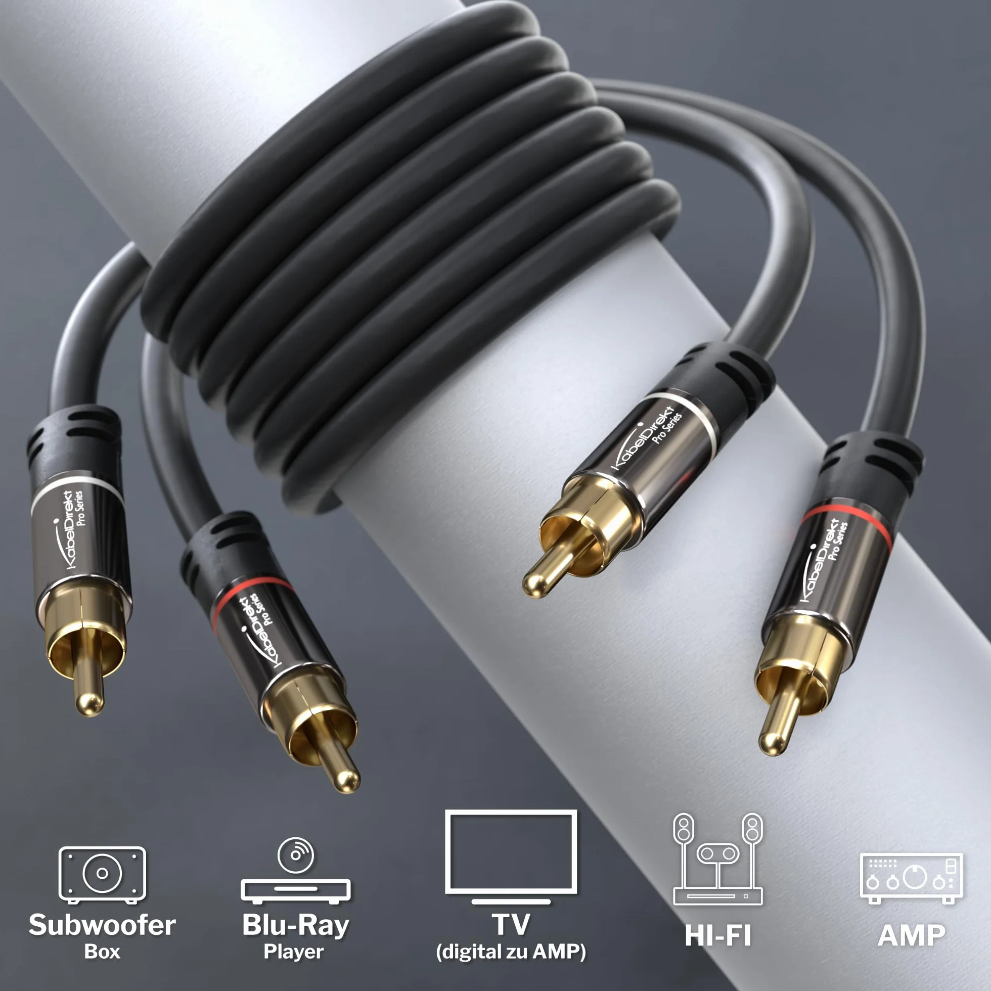 KabelDirekt – Przewód audio wideo RCA 1m (2 do 2, wzmacniacze, odbiorniki AV, hi-fi, sygnały cyfrowe i analogowe, podwójne ekranowanie) – PRO Series