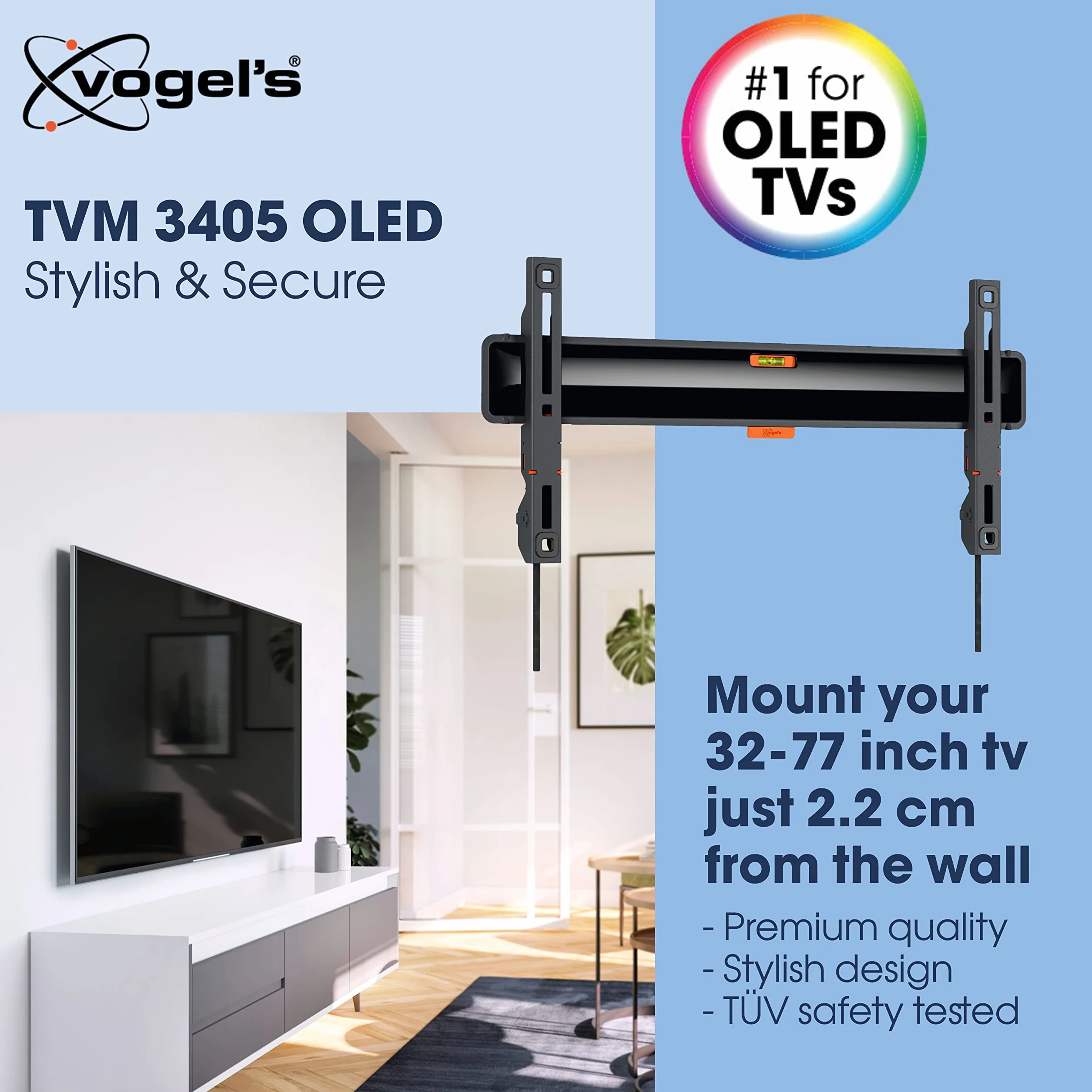 Vogel's TVM 3405SP płaski uchwyt ścienny OLED do telewizorów 32-77", maks. 50 kg, uchwyt TV maks. VESA 400 x 200, LG OLED, uniwersalna kompatybilność, odległość od ściany tylko 2,2 cm