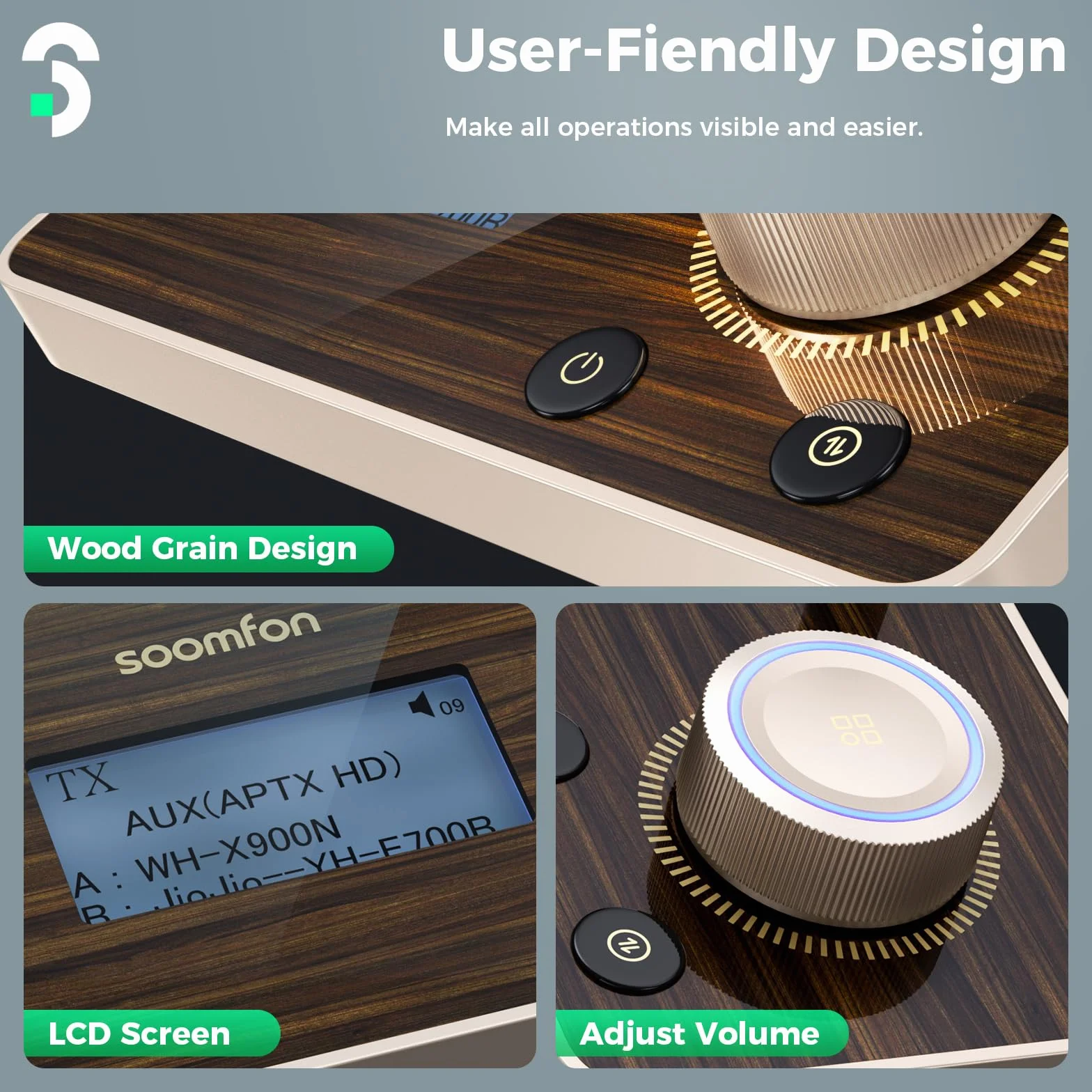 SOOMFON Bluetooth 5.2 nadajnik odbiornik aptX HD podwójny link audio adapter TV do słuchawek stereo optyczny AUX RCA