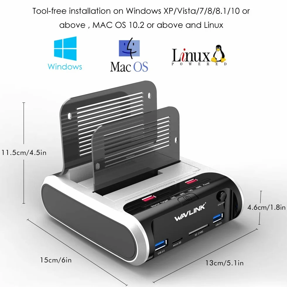 Stacja dokująca do dysków twardych, WAVLINK USB Stacja dokująca Offline funkcja klonowania dla 2,5 cala i 3,5 cala SATA HDD SSD, obsługuje karty TF i SD oraz ładowanie przez USB