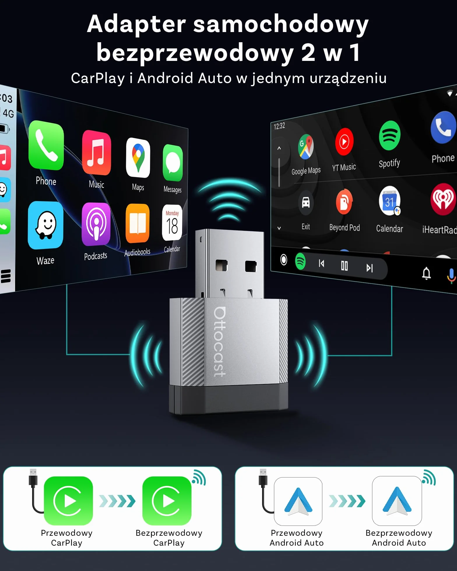Ottocast Mini Nova Bezprzewodowy Adapter CarPlay Android Auto USB Plug Play Automatyczne Połączenie Aluminiowa Konstrukcja