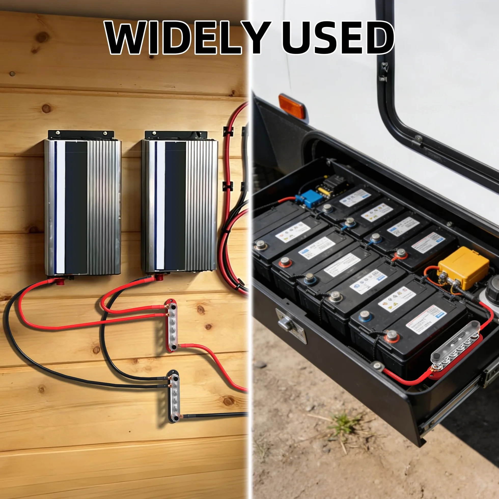Joinfworld Szyna zbiorcza Busbar 12 V, 300 A blok rozdzielający zasilanie, morski blok rozdzielaczy zasilania z osłoną, 6 x 3/8", do 300 V AC 48 VDC, szyna dodatnia i masa do samochodu, łodzi (BB300