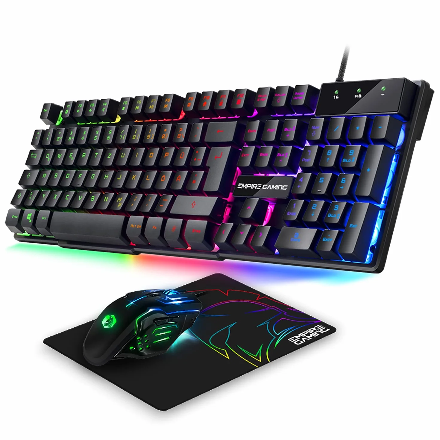 EMPIRE GAMING - Zestaw 3 w 1 MK800 - klawiatura do gier QWERTZ Niemiecka RGB 105 klawiszy 19 klawiszy Anti-Ghosting - Ergonomiczna mysz do gier RGB 2400 DPI - podkładka pod mysz - PC PS4 PS5 Xbox One