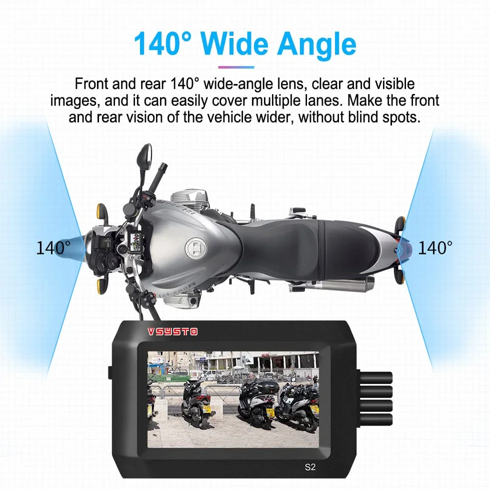 VSYSTO Rejestrator Jazdy Motocyklem Nadzór Parkowania Flameout Video Podwójna Kamera Przednia i Tylna 1080P 140 ° Szeroki kąt 3-calowy Ekran IPS WiFi GPS Pełne Ciało Wodoodporny Noktowizorz