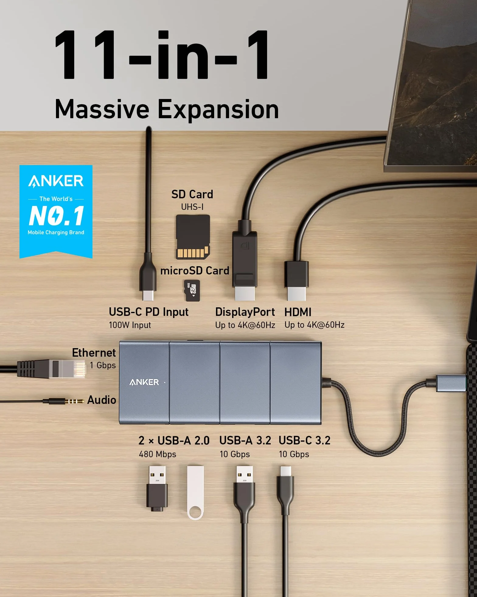 Anker Hub USB-C 565 11 w 1, 10 Gb/s, porty danych USB-C i USB-A, 4K HDMI, DisplayPort, 100 W PD, 2 dane USB 2.0, Ethernet, AUX, microSD i SD, odpowiedni do XPS i wielu innych