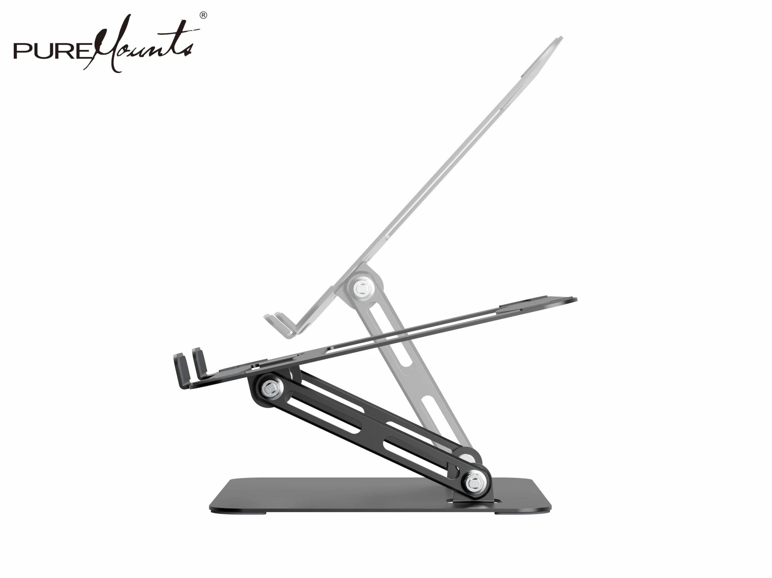 PureMounts Regulowany stojak na laptopa o regulowanej wysokości, ergonomiczny składany uchwyt do notebooka biurowego, obrotowa podstawa o 360°, antypoślizgowy uchwyt na podkładkę, czarny