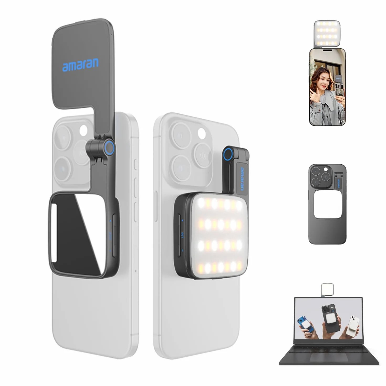Amaran Go Mini magnetyczne światło LED, podwójne lustro światła, regulowane CCT 2700-6500 K, 10 efektów, szybkie ładowanie USB-C