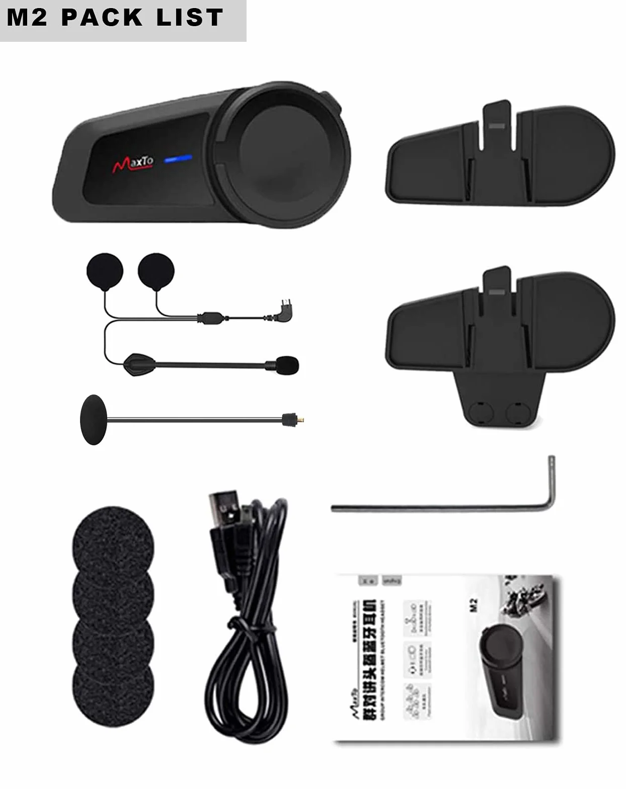 Maxto Motocyklowy zestaw słuchawkowy Bluetooth, M2 Systemy komunikacji z kaskiem motocyklowym, 6-kierunkowy BT5.0 Wodoodporny interkom, zasięg 1000 m, z radiem FM, Siri, wybieranie głosowe do jazdy na