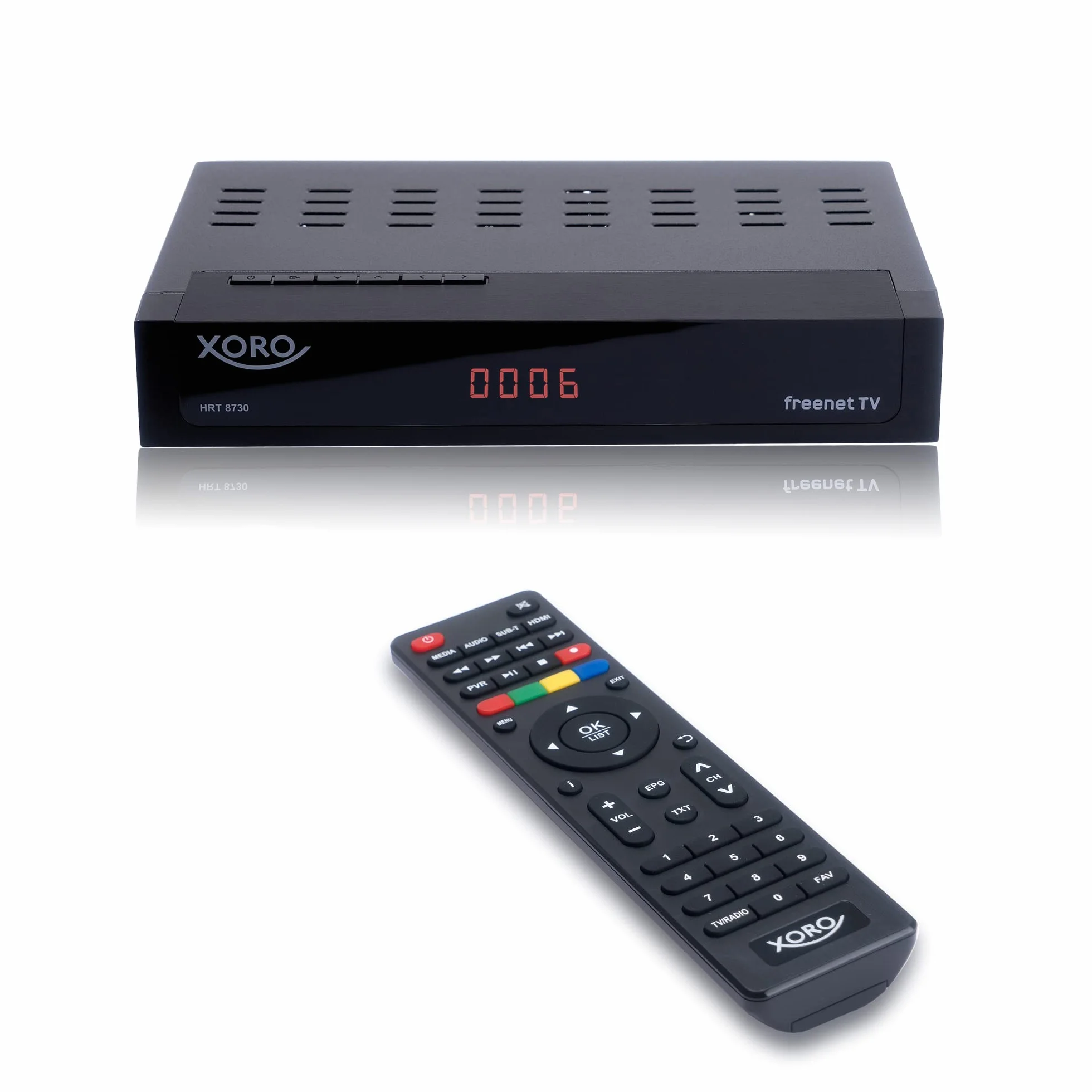 XORO Odbiornik DVB-C/T2 Combo HRT 8730 Hybrid z odtwarzaczem multimedialnym USB, PVR Ready, Timeshift, wbudowanym systemem dostępu Irdeto do Freenet TV i 6 miesięcy