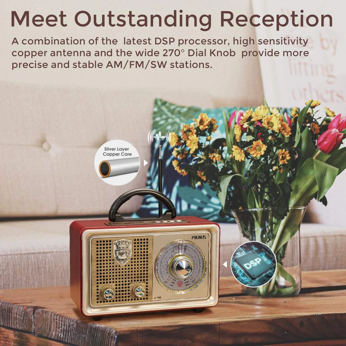 Radio PRUNUS J-110 AM/FM/SW w stylu retro z Bluetooth, nostalgiczne radio z 3 opcjami zasilania, obudowa imitująca drewno, głośnik 5 W z wzmocnionym basem, obsługa USB/TF/AUX.