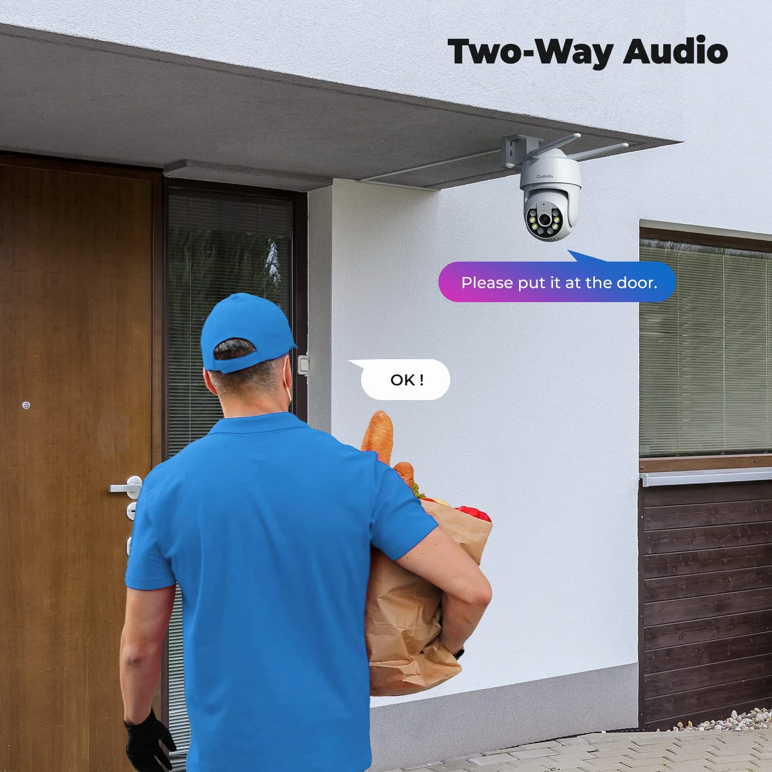 Codnida 2K kamera monitoringowa do użytku na zewnątrz, kamera Wi-Fi, 360° widok, 3MP, z 2-drożnym audio, automatyczne śledzenie, noktowizor w kolorze, alarm syrenowy, współpracuje z Alexa