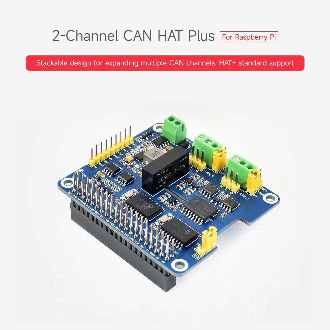 Waveshare 2-Channel Isolated CAN Bus Expansion HAT+ for Raspberry Pi, 7-36V Wide Input, Dual Chips, Stackable