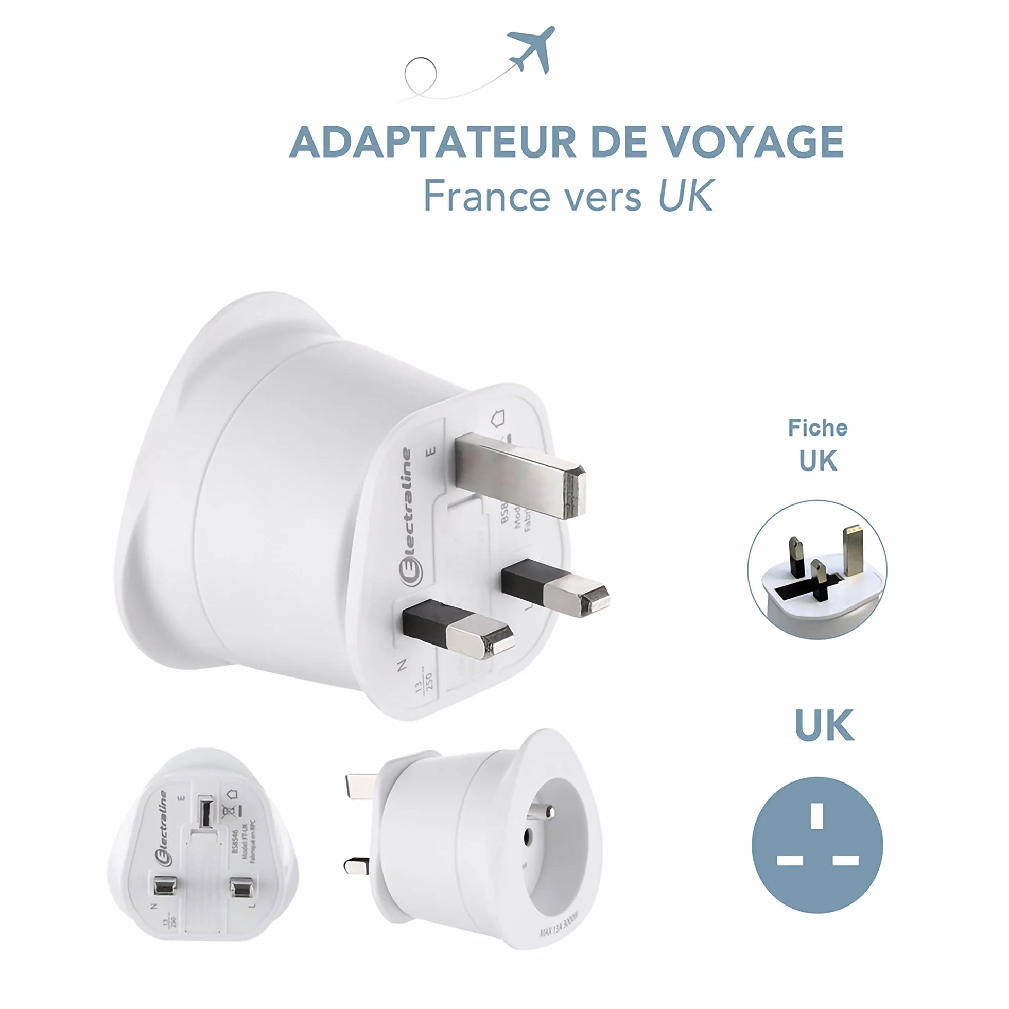 Electraline Adapter podróżny Francja/Europa na UK 2-biegunowy Europa na 3-biegunowy, biały