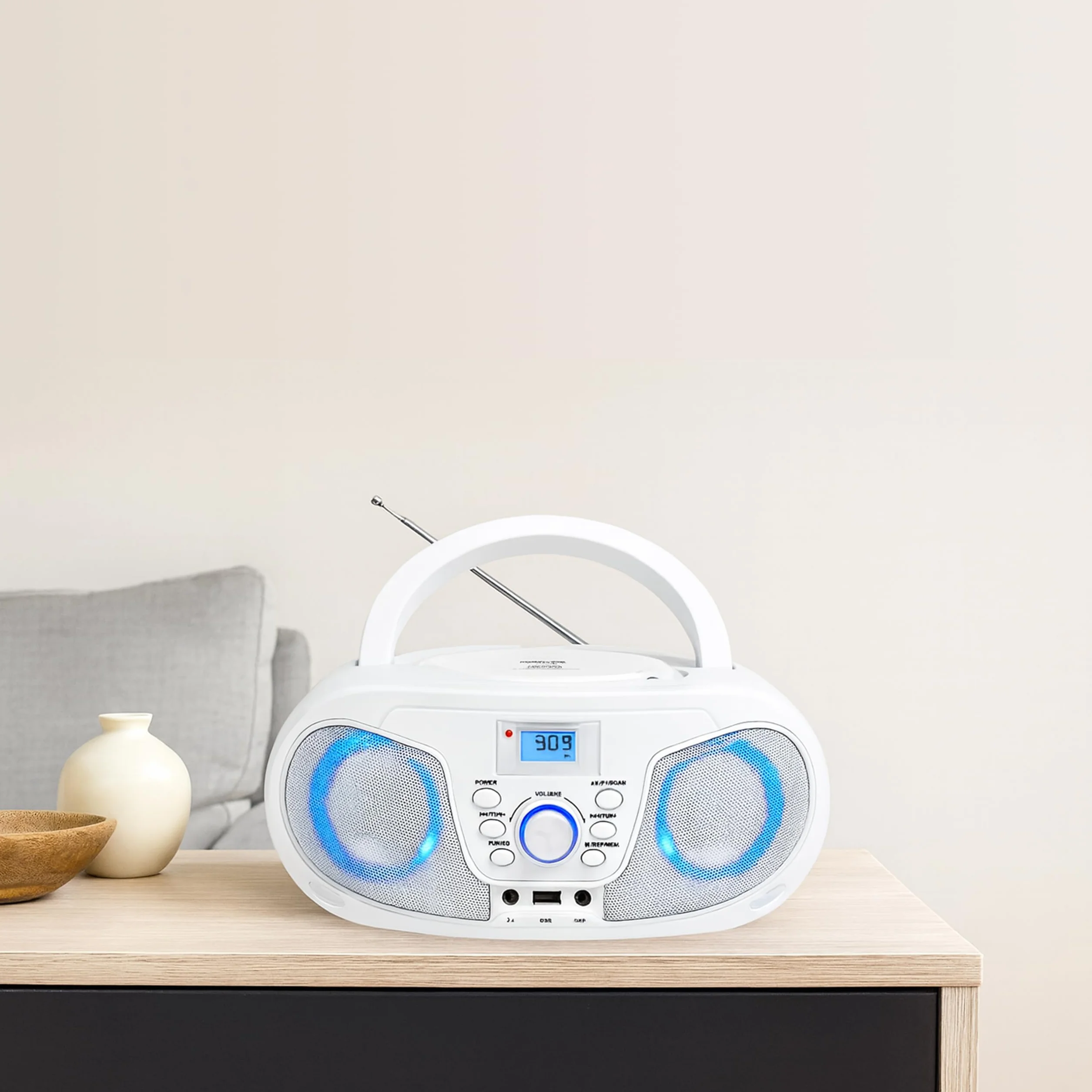 Silva Schneider MPC 25.4 USB przenośny odtwarzacz CD z radiem FM, USB do MP3, AUX i gniazda słuchawkowego, wyświetlacz LCD, 40 W p.m.p.o., zasilanie sieciowe/bateryjne – biały