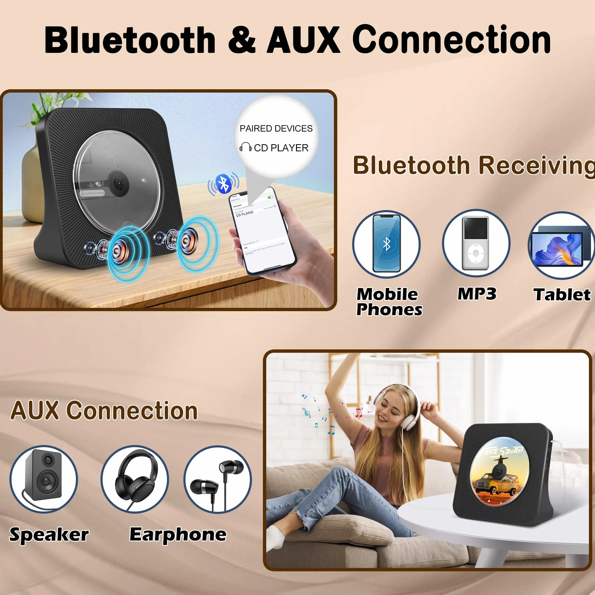 Przenośny Odtwarzacz CD Bluetooth z Radio FM, Głośniki, Pilot, Bateria 4000 mAh, USB, AUX