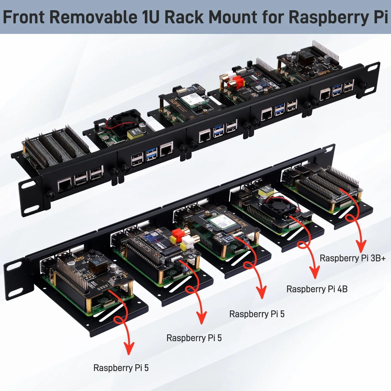 GeeekPi 19 cali 1U Rackmount do Raspberry Pi 5/4B/3B+/3B, z wysuwanymi przednimi wspornikami, kompatybilny z szafkami serwera 19 cali