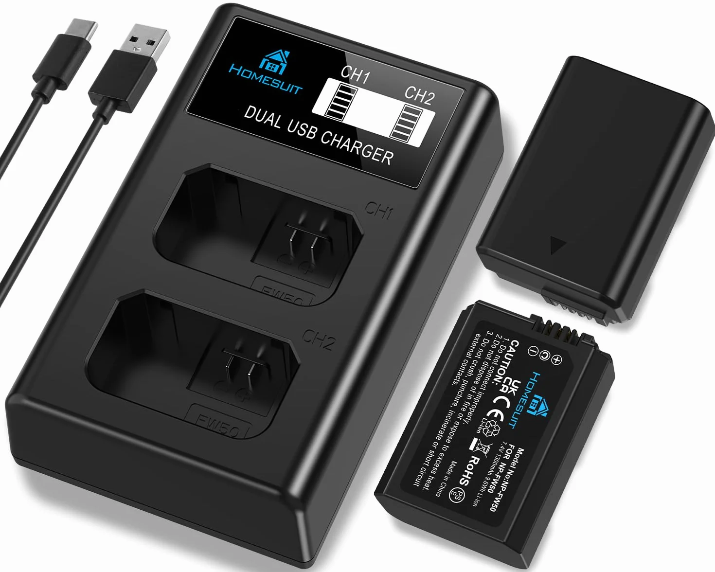 Homesuit Zestaw baterii NP-FW50 1300 mAh i USB LCD do ładowania dla Sony ZV-E10, A6000, A6500, A6300, A6400, A7II, A7RII, A7SII, A7S2, A7R, A7R2, A55, A5100, RX10 Kamera (2) - Opakowanie: