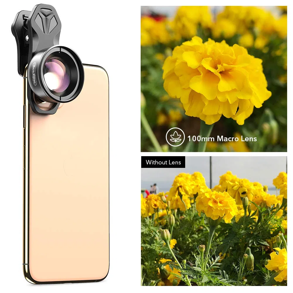 APEXEL Lente Macro HD de 100mm com Clip para Câmara de Telemóvel, compatível com iPhone X/8/8 Plus/7 Plus, Samsung Galaxy S10/S10 Plus, Huawei e a maioria dos smartphones