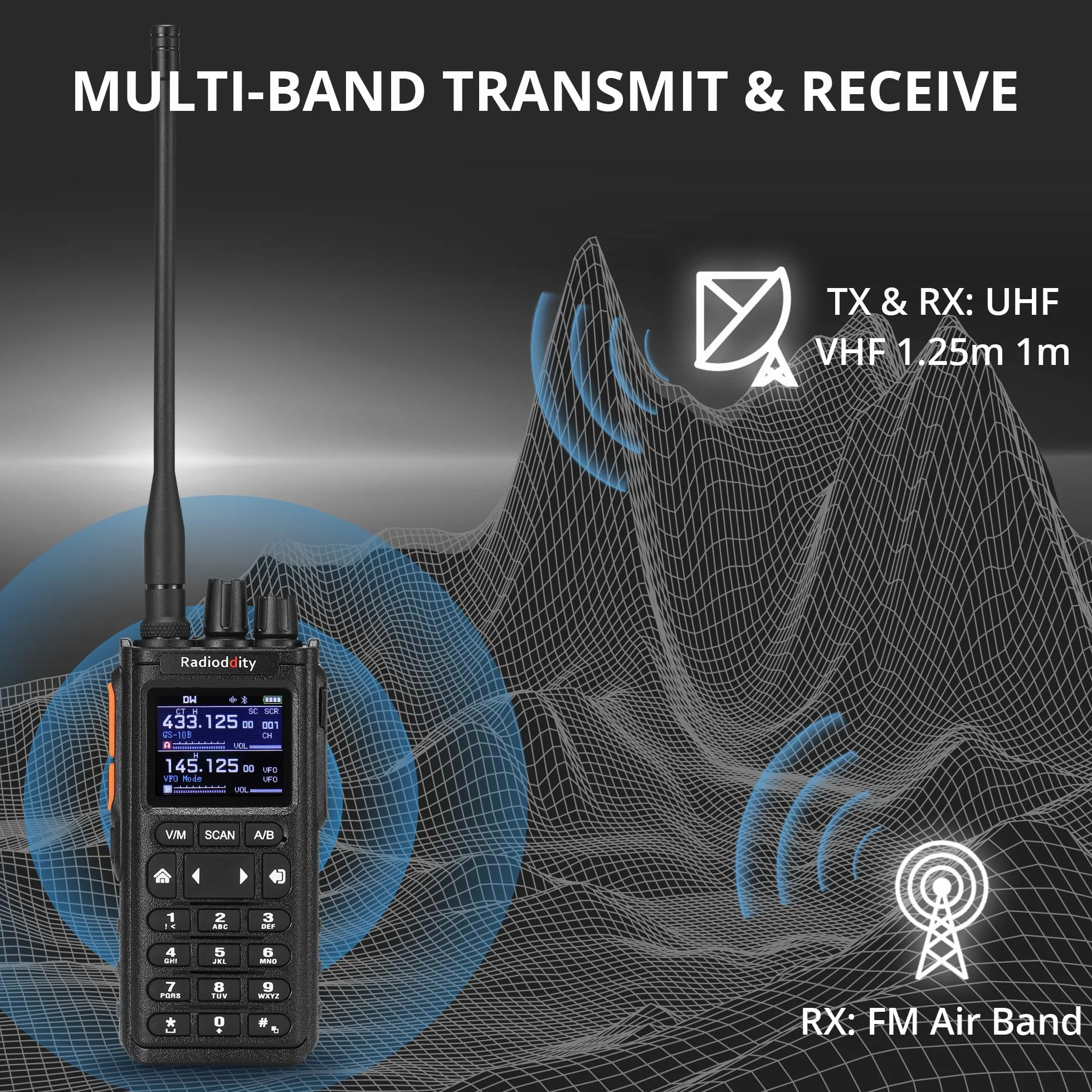 Radioddity GS-10B 10W Radio Ham, Dwukierunkowe na Duży Zasięg z APP Programowalne, UHF/VHF/FM Lotniczy, Dual PTT, Bateria 2500mAh & USB-C, Redukcja Szumów & Synchroniz. Kanałów