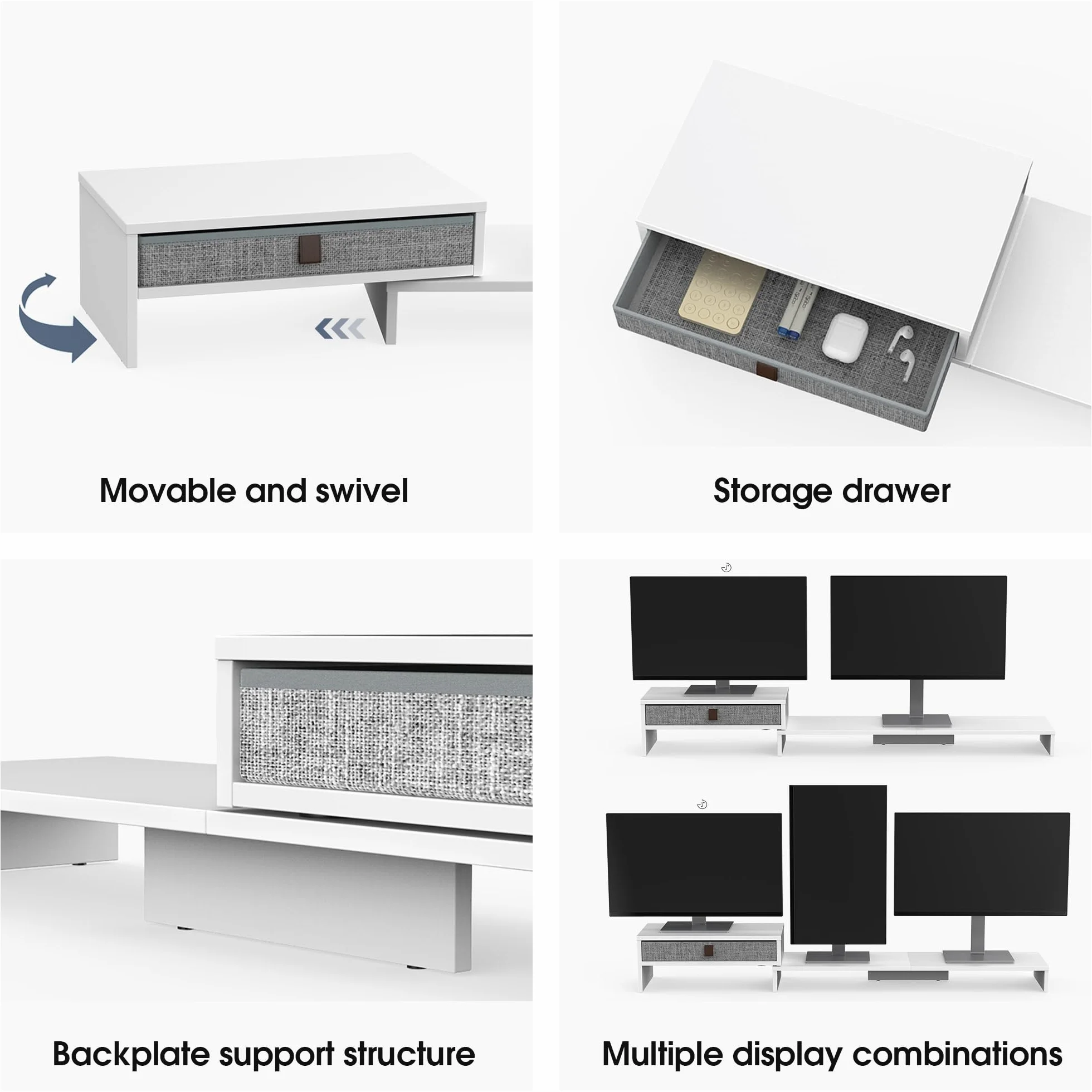 Fenge Podstawka pod dwa monitory z szufladą dla komputera PC, laptopa, drukarki, podnośnik do monitora, regulowana długość i kąt, 78,3-113x23,5x7,3 cm, biały