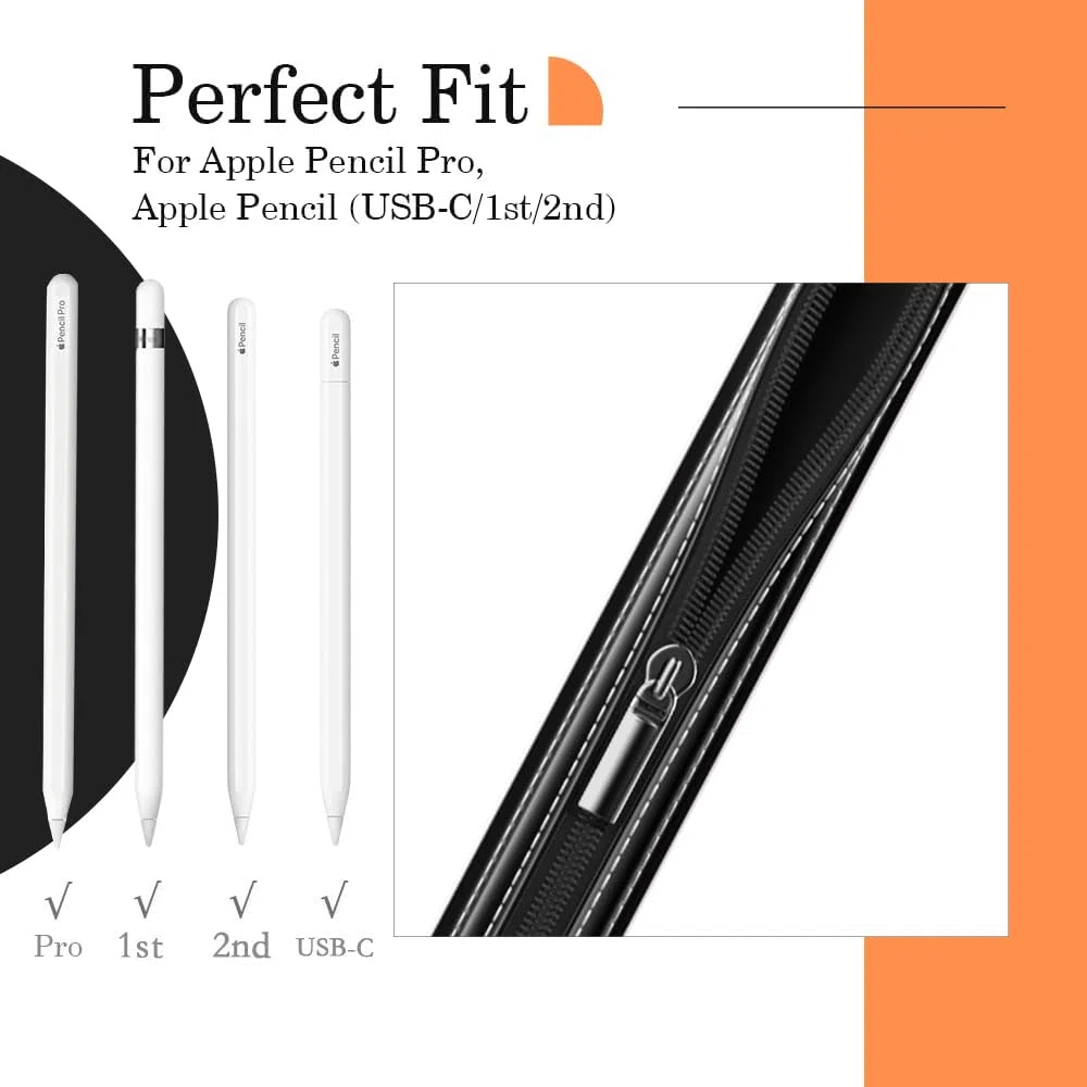 MoKo Pencil Case Fit Apple Pencil Pro, Apple Pencil (USB-C), Apple Pencil 1st/2nd Generation, Stylus Pencil Sleeve PU Leather Zipper Pouch with Elastic Band For 9.7"-12.9" Tablet, Black