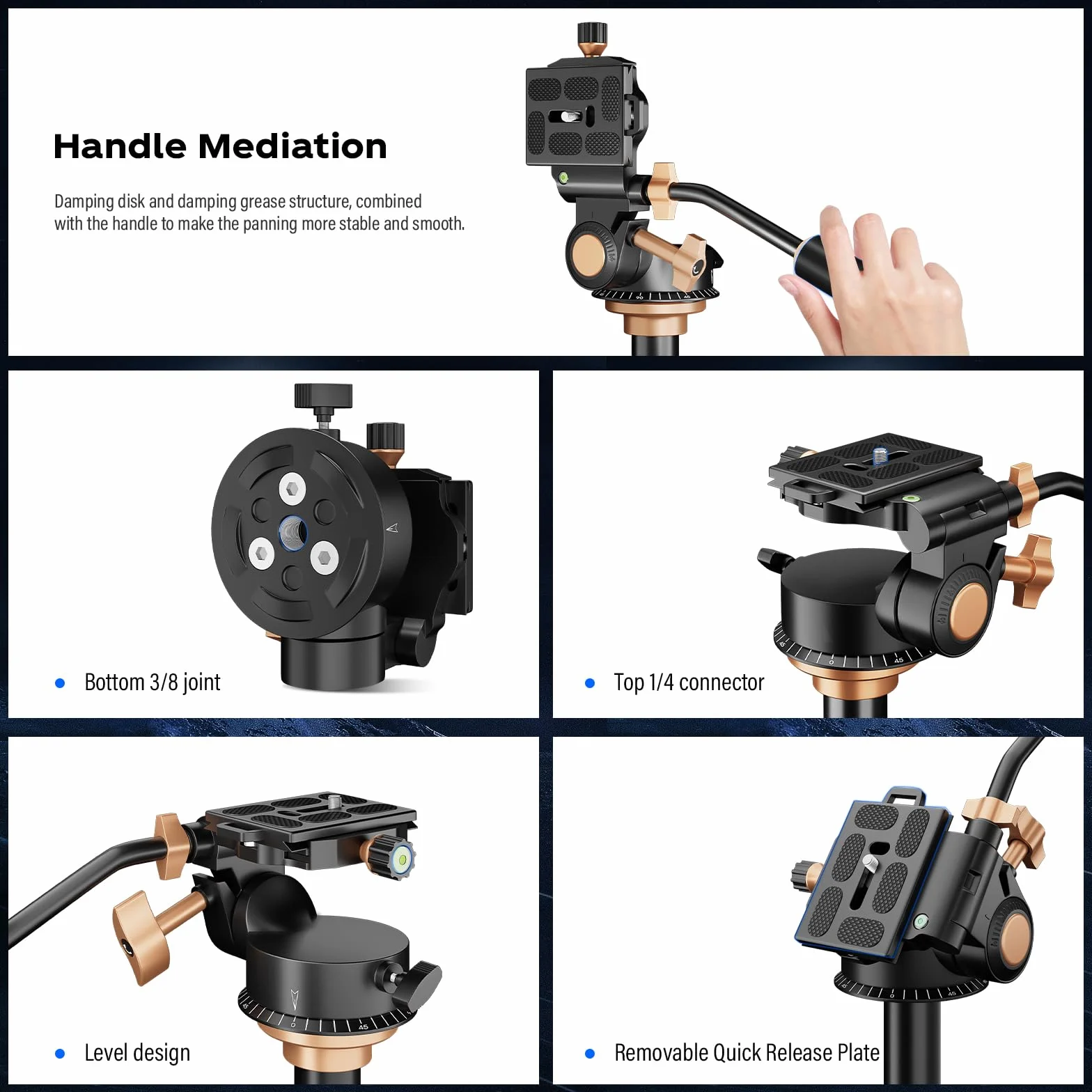 Soonpho Q-08S Heavy Duty statyw do kamery wideo, głowica obrotowa z przedłużonym uchwytem, głowica statywu z śrubą 1/4 cala, obracany o 360 stopni, do lustrzanek cyfrowych, kamer, monopod
