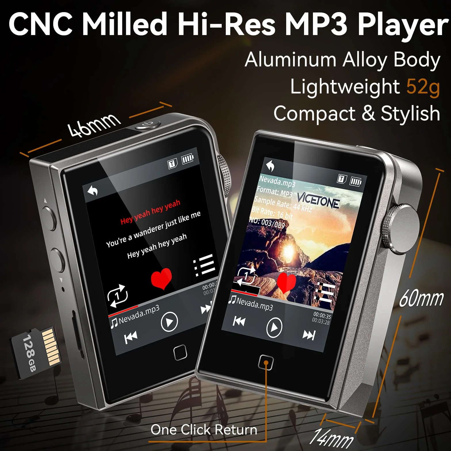 Odtwarzacz MP3 64 GB, HiFi, bezstratny dźwięk, metalowa obudowa, przycisk dotykowy, możliwość rozszerzenia do 128 GB