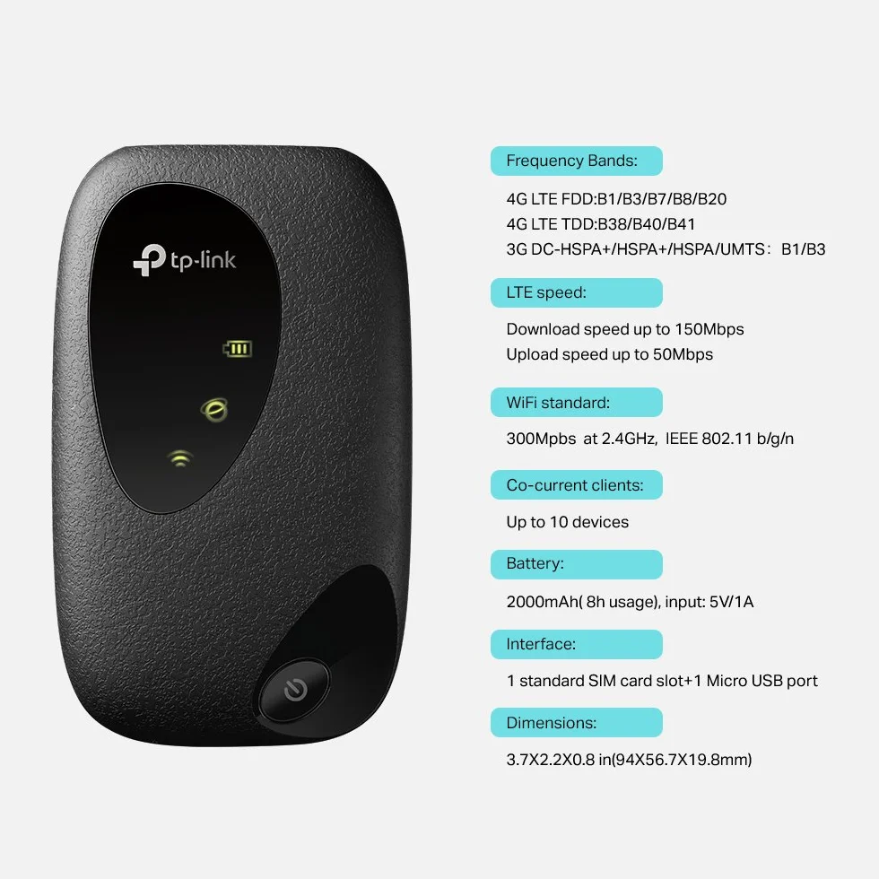 TP-Link M7200 | Przenośny Hotspot 4G LTE | Prędkość pobierania do 150 Mb/s | Obsługa do 10 urządzeń | Bateria 2000mAh | Plug & Play | Kompaktowy design