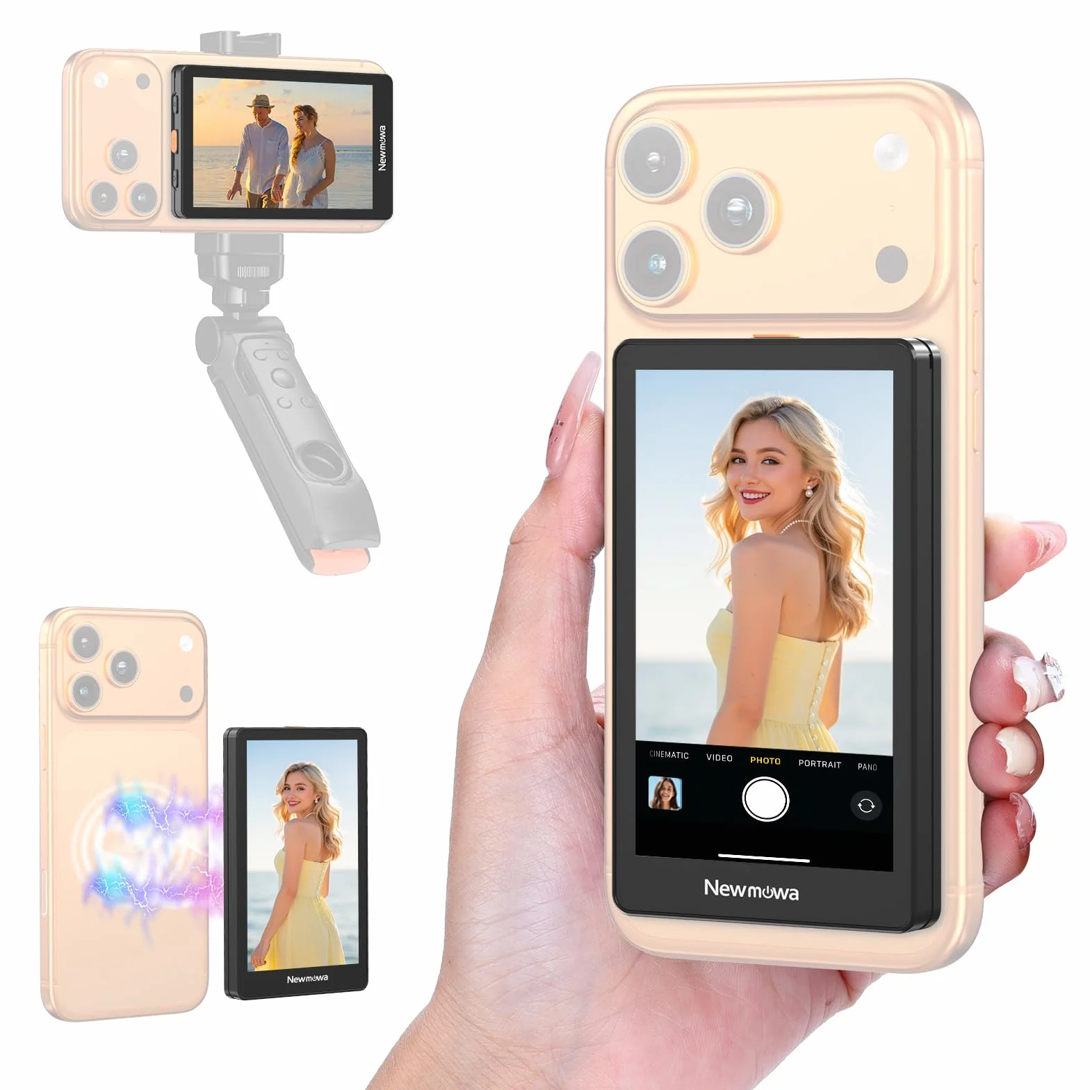 Newmowa Czarny Magnetyczny Telefon Vlog Selfie Monitor Ekran,1080P Nagrywanie Bezprzewodowe,Tylnej Kamery Telefonu Do Selfie LiveStream TikTok,Kompatybilny z iPhonem(Support 4K 30fps Wired Recording)