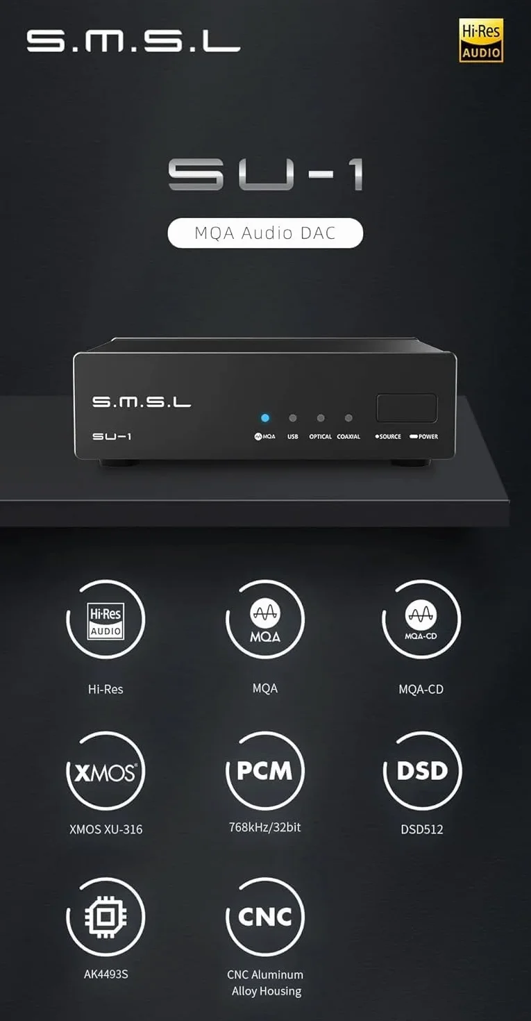 Dekoder audio S.M.S.L SU-1, MQA, MQA-CD, AK4493S, XU316, 768 kHz / 32 Bit, DSD512, przetwornik cyfrowo-analogowy o wysokiej rozdzielczości