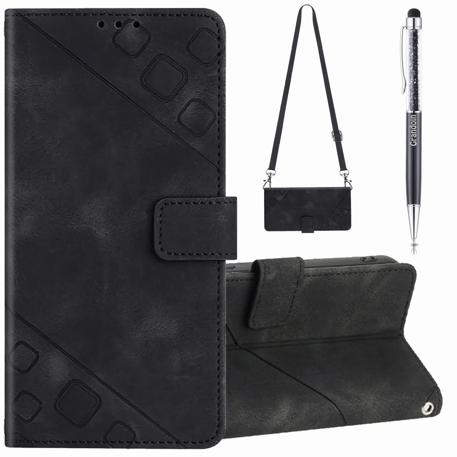 Etui kompatybilne z Samsung Galaxy A7 2018/A750, etui typu crossbody do Samsung Galaxy A7 2018/A750, magnetyczne etui z klapką, z regulowaną smyczą na szyję, smycz, przegródki na karty (czarne)