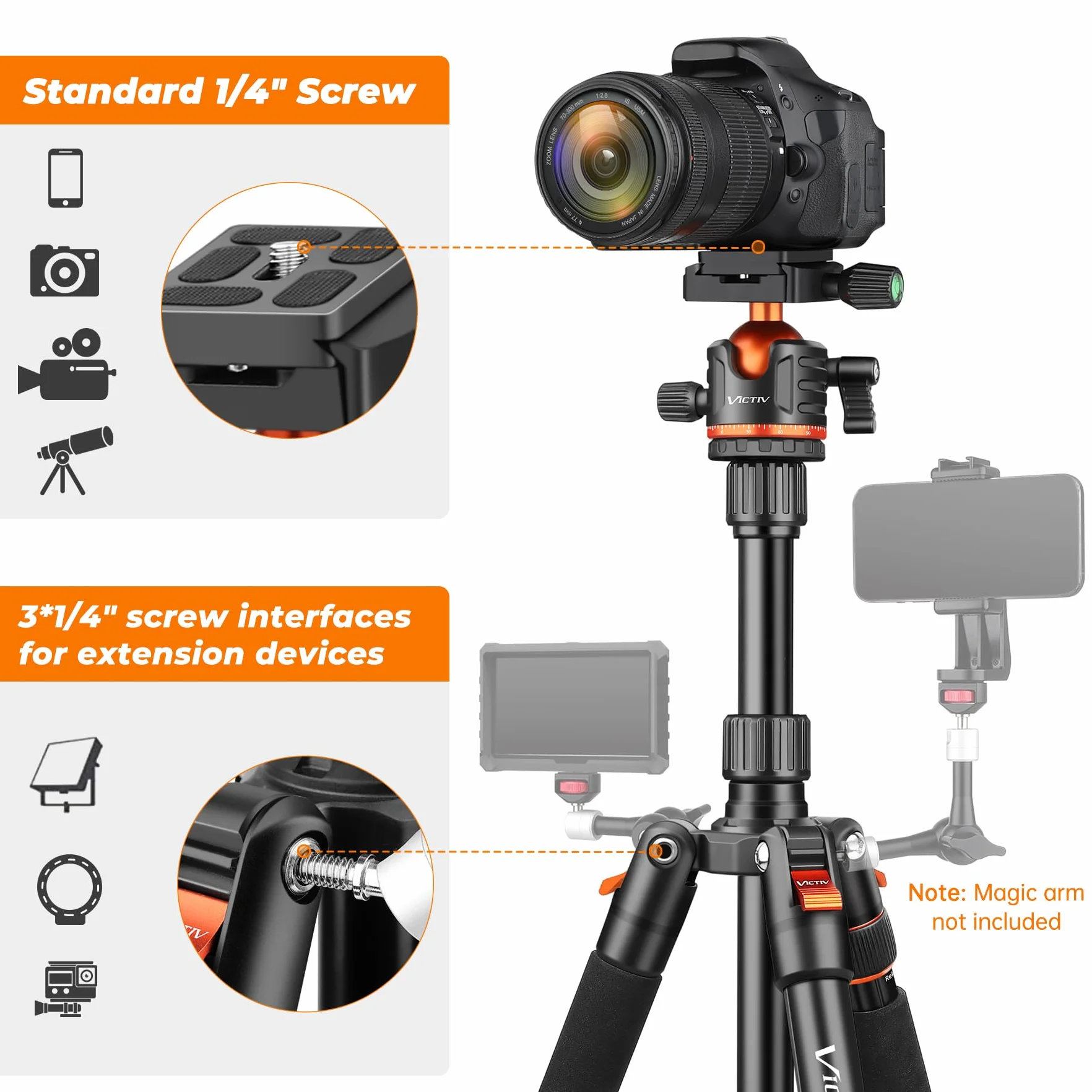 Victiv Statyw do aparatu o wysokości 200 cm do Canon Sony Nikon - aluminiowy stojak z monopodem i metalowym haczykiem - kompaktowa konstrukcja podróżna, maksymalne obciążenie 8 kg