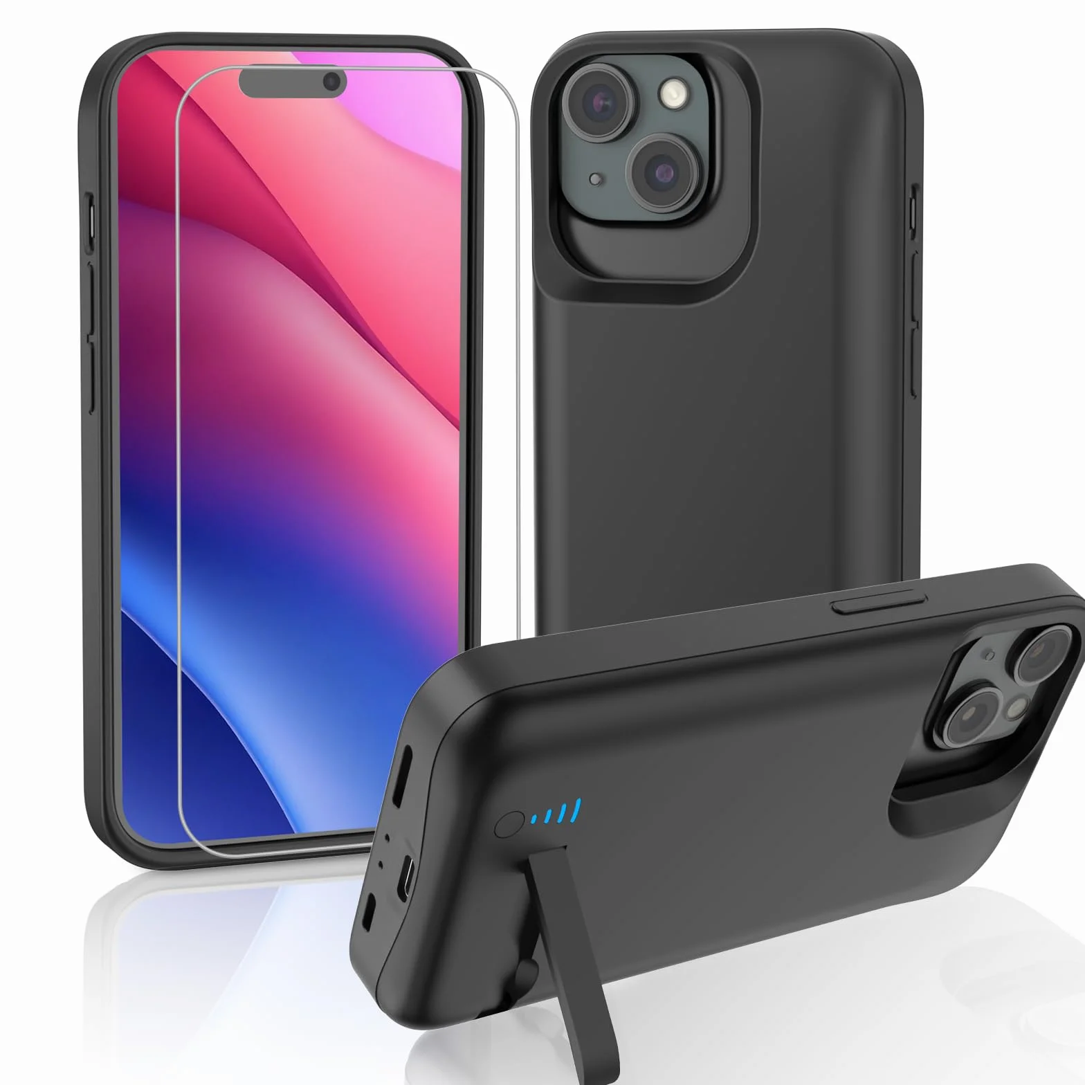 Etui na baterię do iPhone 15, prawdziwe 8500 mAh, wąskie, ładowalne, rozszerzona ładowarka, etui do ładowania ze stojakiem, przenośny powerbank ochronny do iPhone 15, 6,1 cala – czarne