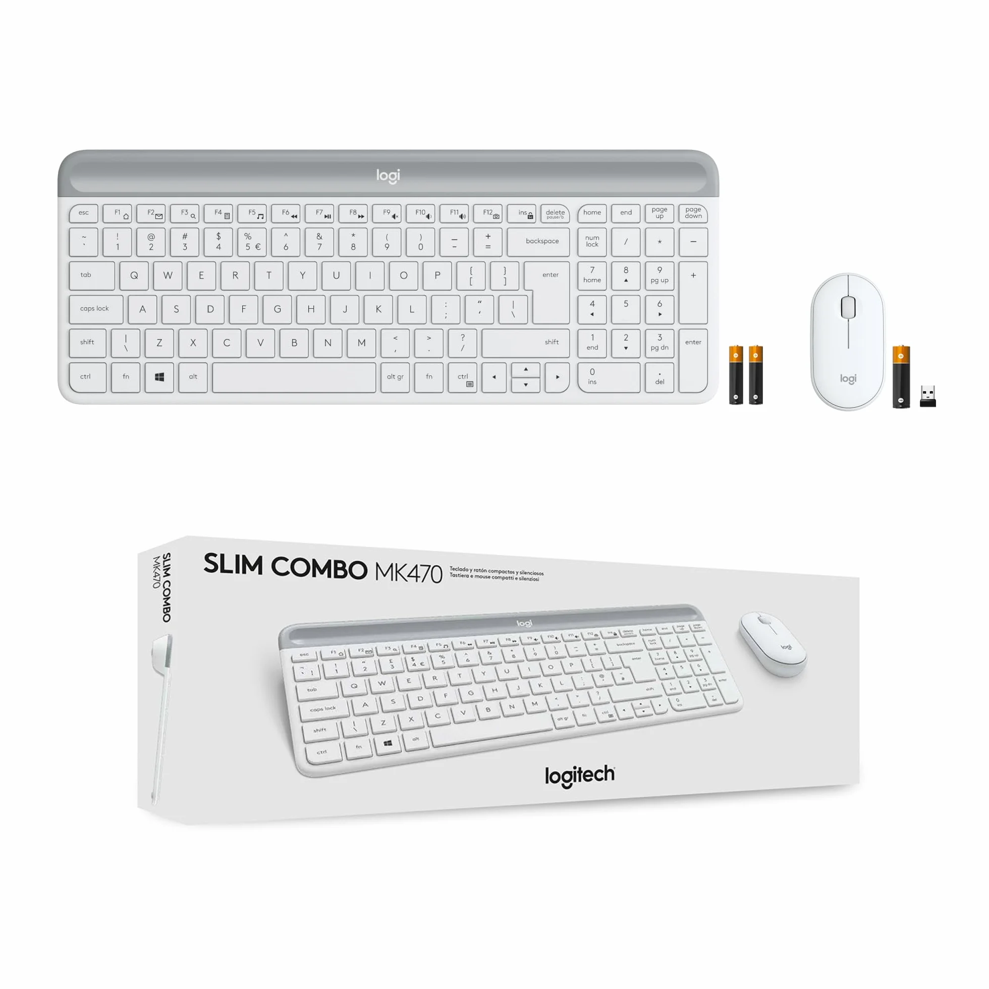 Logitech MK470 Smukła klawiatura i mysz bezprzewodowa, bardzo cicha, odbiornik USB 2,4 GHz, QWERTY US Intl - Biały