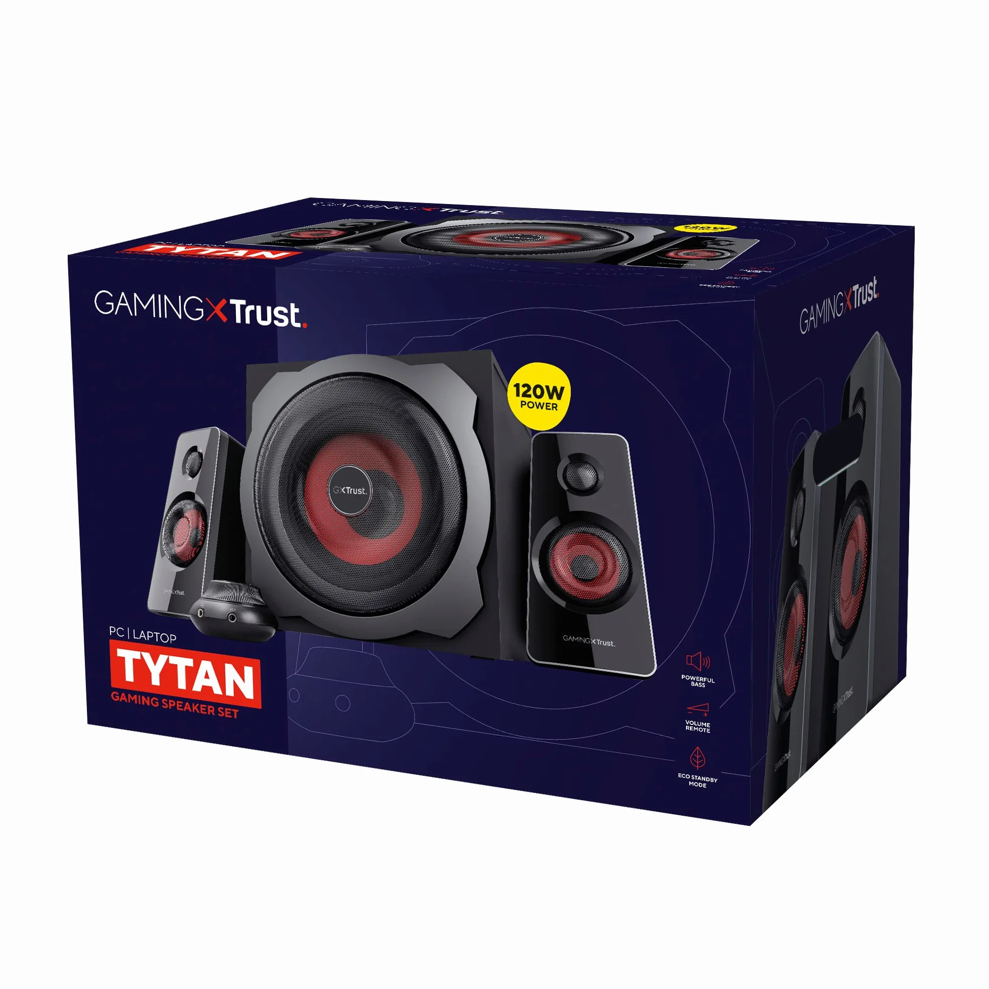 Trust Gaming GXT 38 Głośnik PC Gamer 2.1 z subwooferem, 120 W, inteligentne zarządzanie zasilaniem, regulacja głośności przewodowej, głośnik do komputerów PC i laptopa - czarny/czerwony