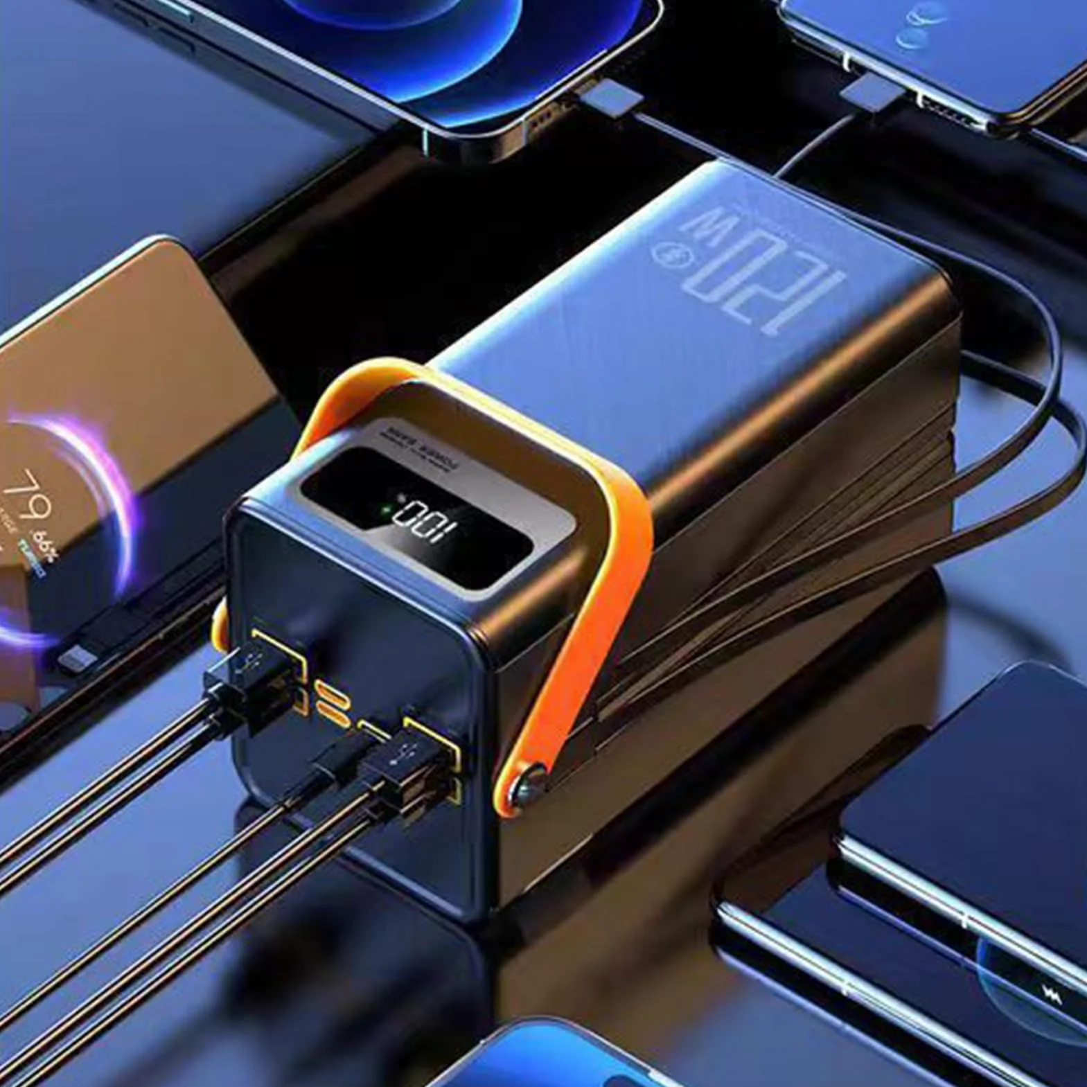 Ładowarka solarna do smartfonów | szybka ładowarka 120 W, 50 000 mAh, wyposażenie survivalowe ze światłem, 4 wyjścia, 3 wejścia, zintegrowany kabel do wszystkich telefonów komórkowych