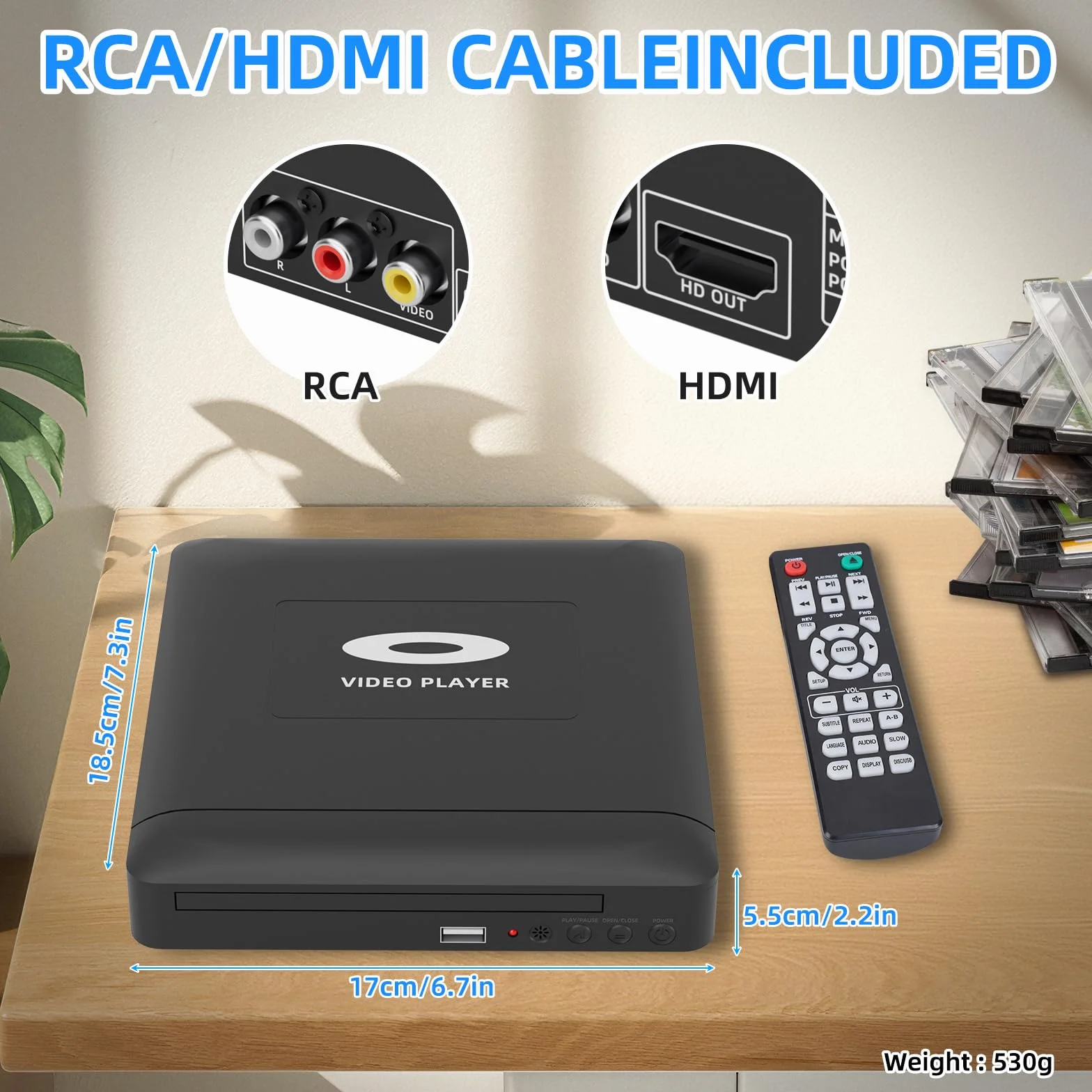Odtwarzacz DVD Mini HD z HDMI do telewizora, wiele regionów, 1080P, pamięć Breakpoint, wbudowany PAL/NTSC, odtwarzacz CD do domu - kabel wyjściowy HDMI/RCA w zestawie