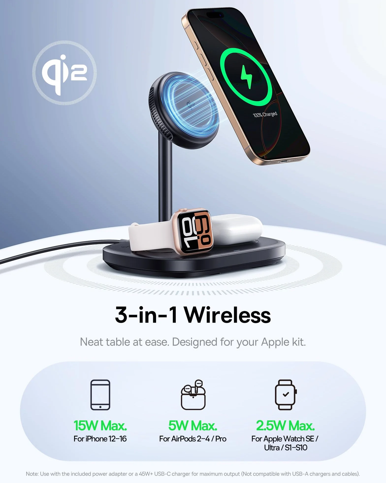 Baseus EnerFill 3-W-1 Stacja Ładująca Bezprzewodowa 22,5 W z Chłodzeniem TEC do iPhone 16 15 14 13 12 Pro Max, Apple Watch, AirPods