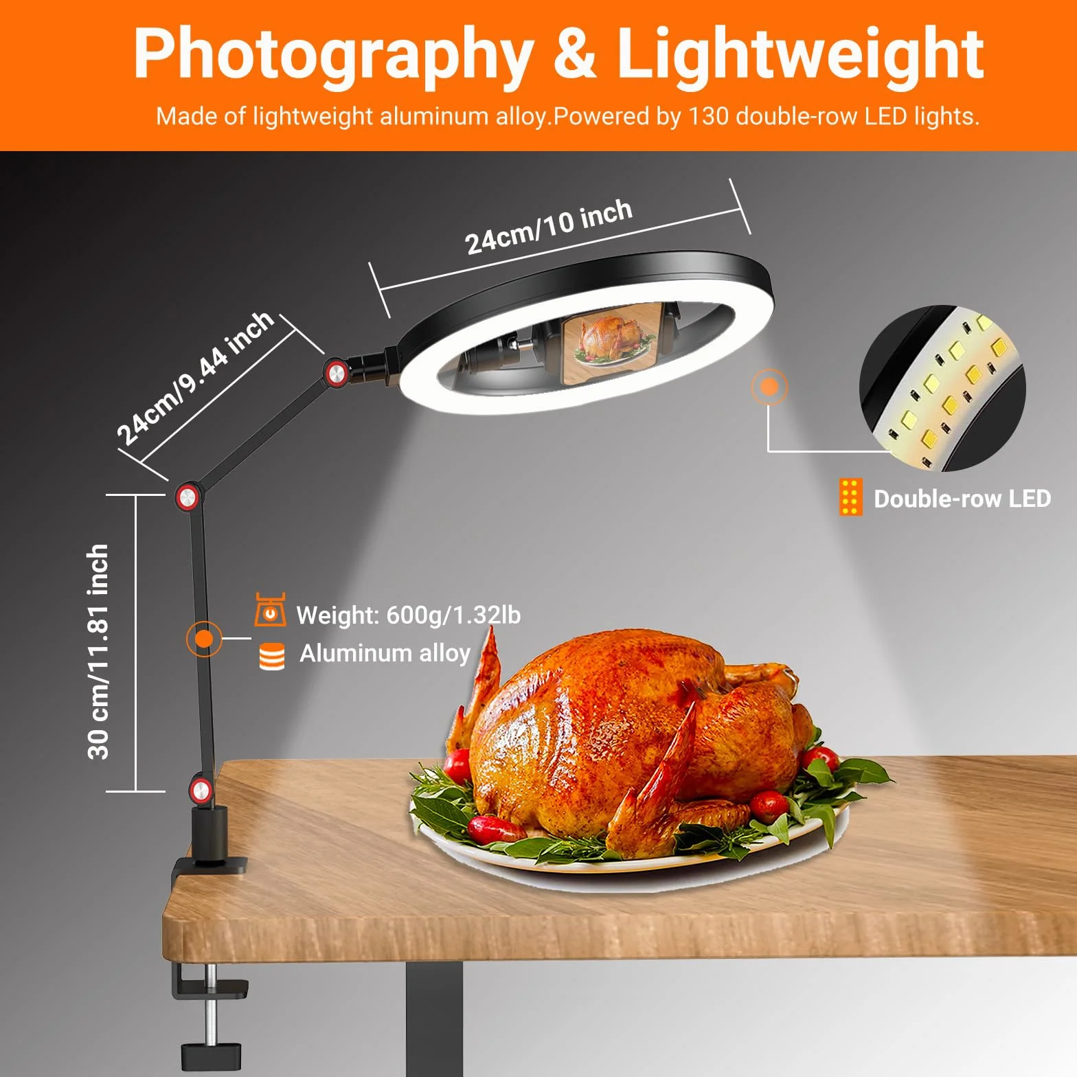 APEXEL Lampa Pierścieniowa 10" ze Stojakiem i Uchwytem na Telefon USB LED