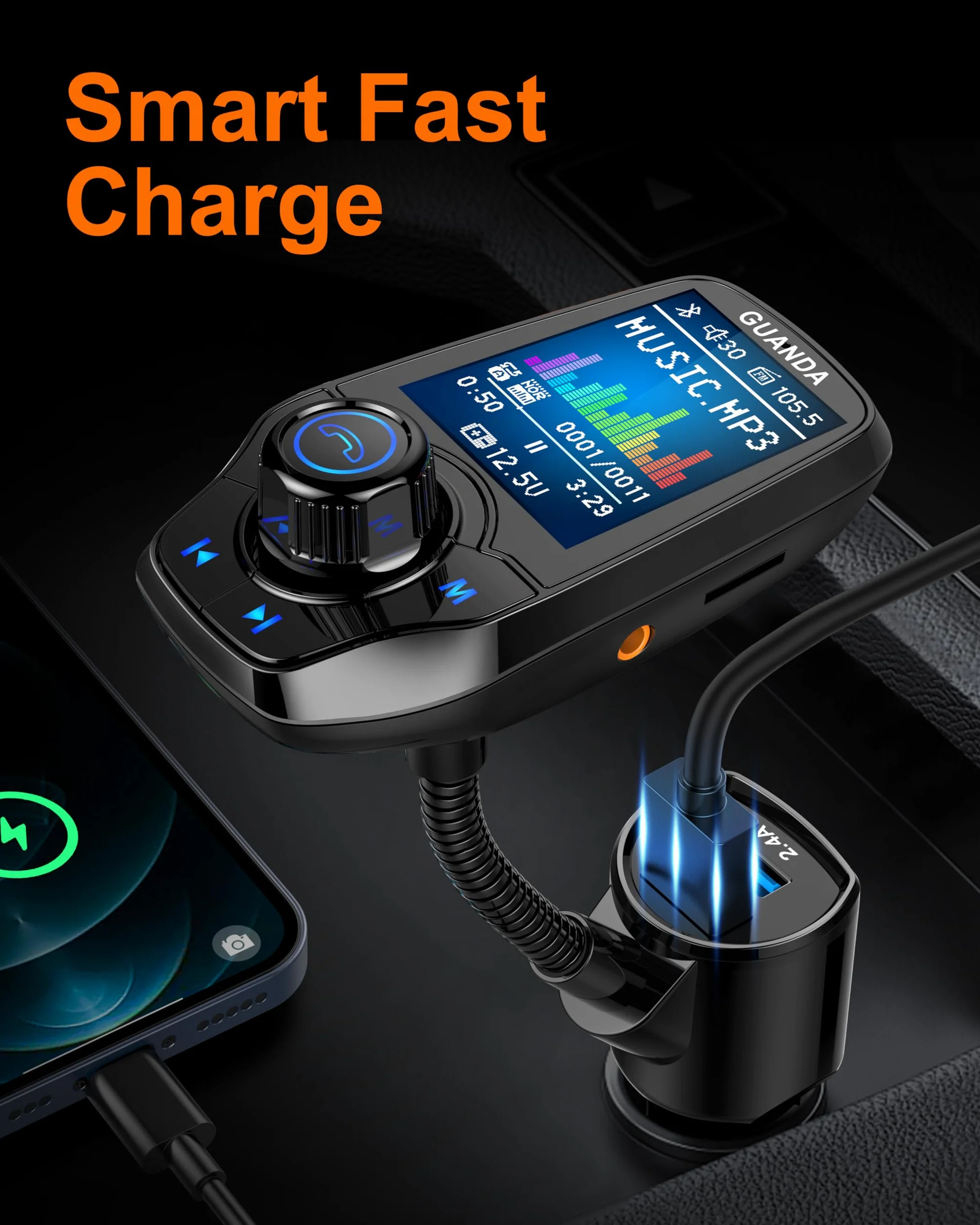 Bluetooth FM Transmitter for Car, 4-in-1 MP3 Player with 1.8" Display, AUX, 3 USB Ports, QC3.0, Handsfree Call, SD/TF Card