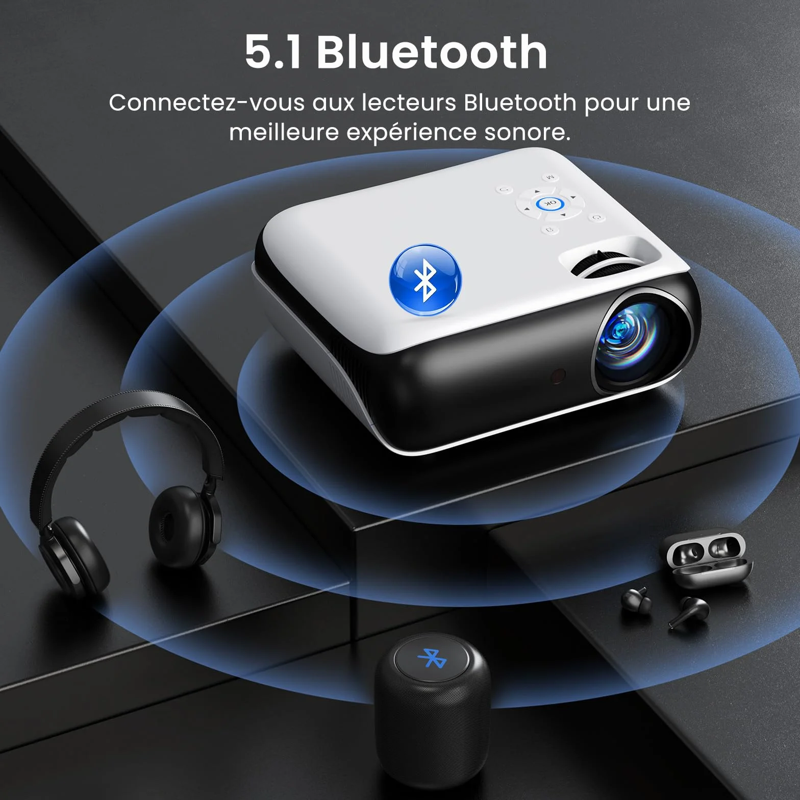 Mini projektor 4K, HAPPRUN H1 Full HD rzutnik z Bluetooth – natywny 1080P przenośny projektor na zewnątrz z głośnikiem, kompatybilny ze smartfonem, HDMI, USB, AV, TV-Stick, PS5 do kina domowego
